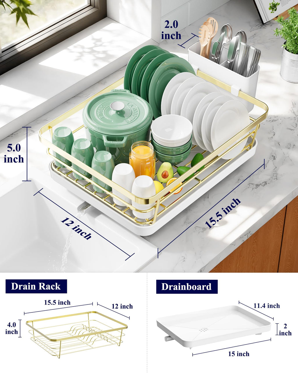 Kitsure Dish Drying Rack for Kitchen Counter, Stainless Steel Sink Organization and Storage Essentials with Cutlery Holder, Home and Appartment Decor, 12''W x 15.5''L, Black