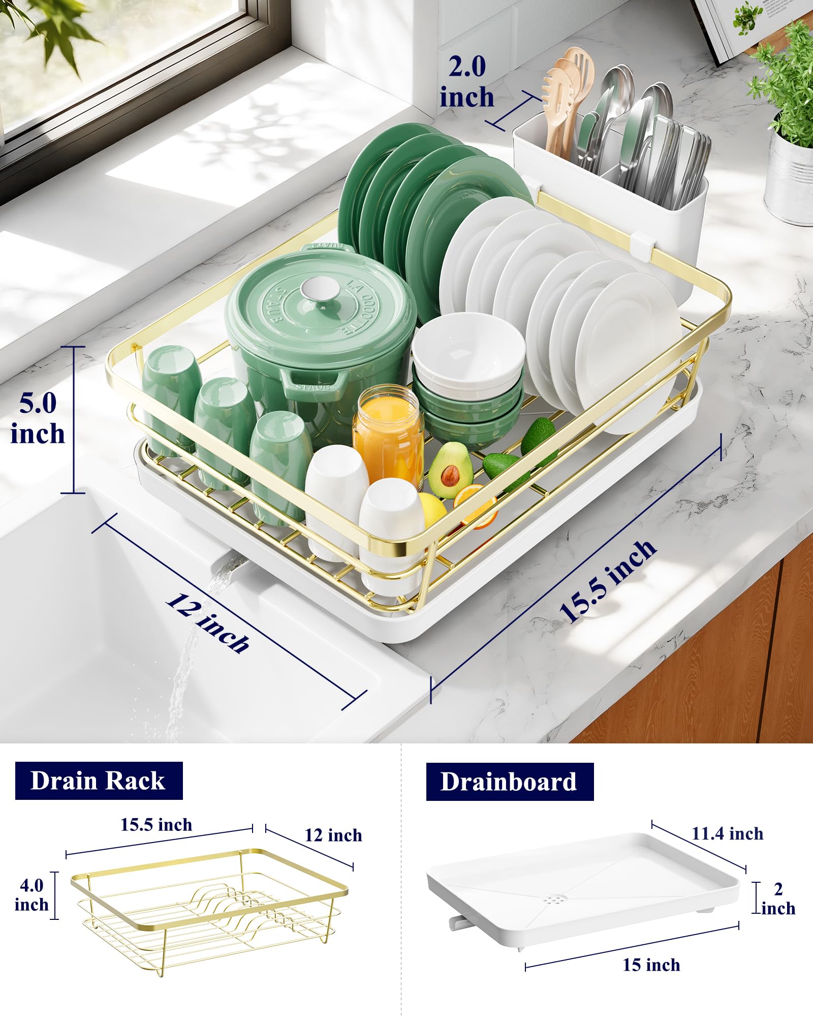 Kitsure Dish Drying Rack for Kitchen Counter, Stainless Steel Sink Organization and Storage Essentials with Cutlery Holder, Home and Appartment Decor, 12''W x 15.5''L, Black