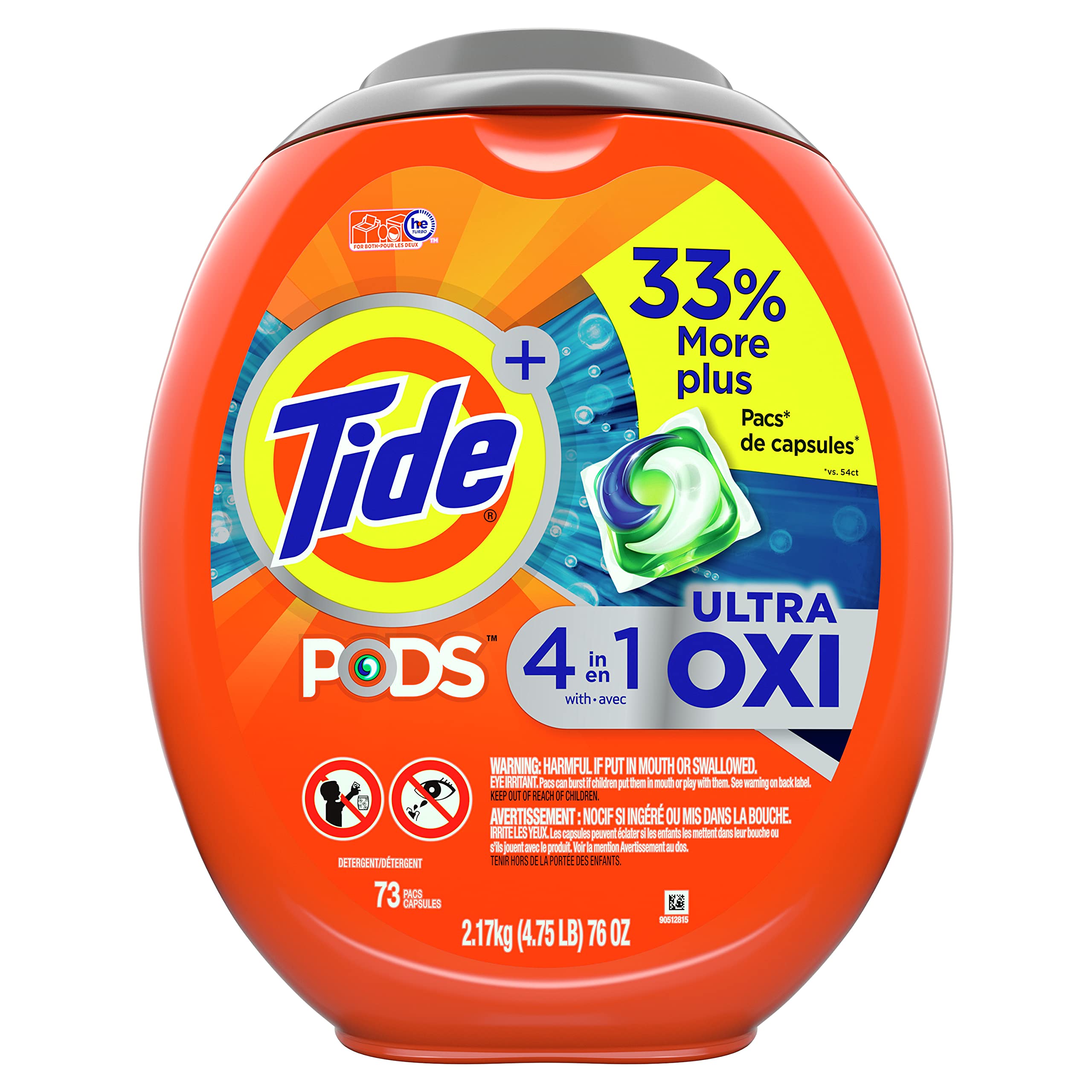 Tide 4-in-1 Ultra Oxi PODS Laundry Detergent Pacs, 85 Count, HE Compatible, Built in Pre-treater for Stains