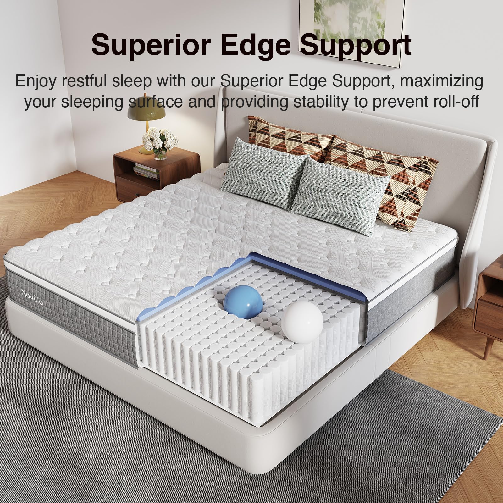 Novilla 14 Inch Queen Size Mattress,Hybrid Queen Mattress with Gel Memory Foam, Cool-to-Touch Nylon Blend & Pocketed Coils for Adaptive Body Support & Motion Isolation CertiPUR-US Certified