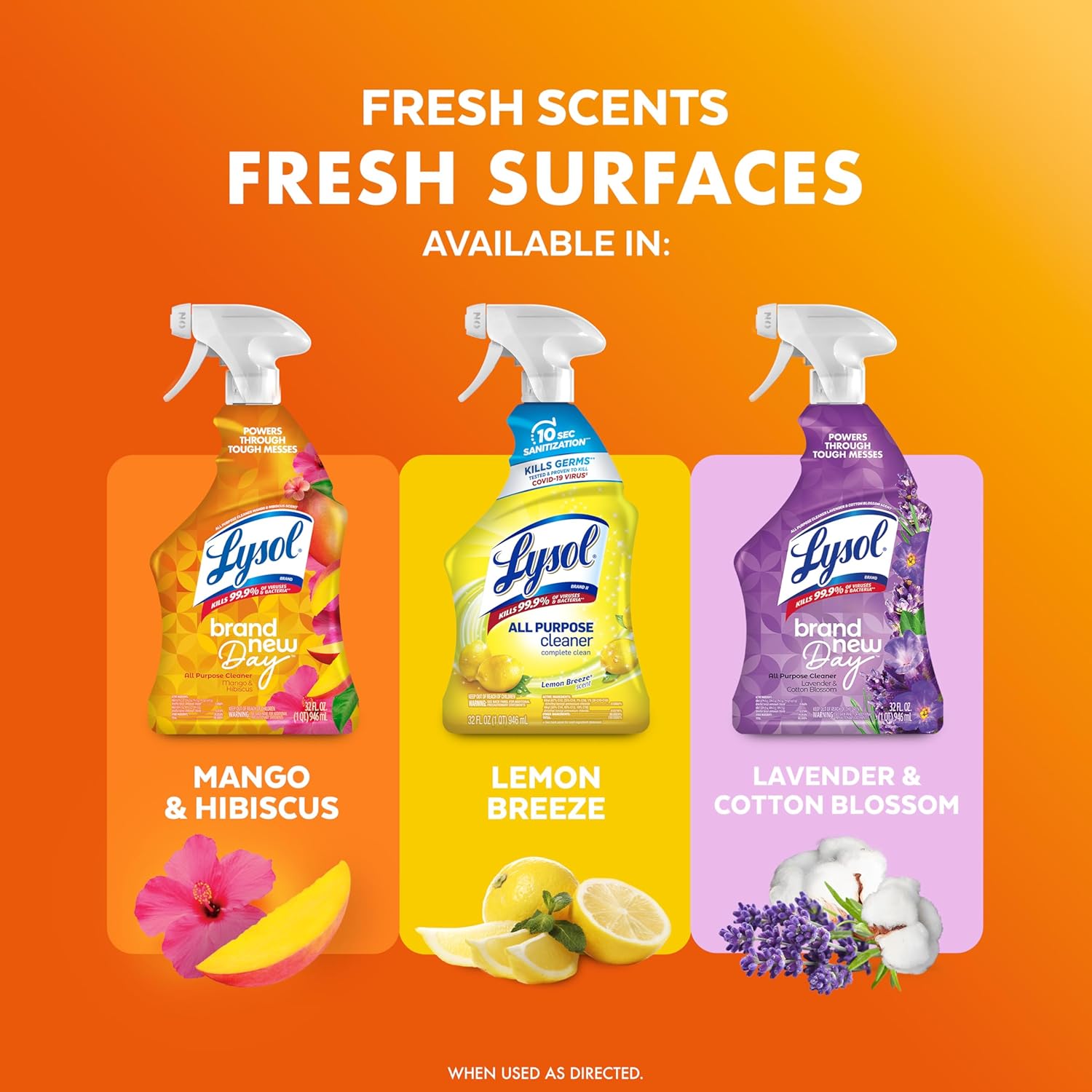 Lysol All Purpose Cleaner Spray, Multi-Purpose Disinfecting Spray, Kitchen & Bathroom Cleaner, Lemon Breeze, Lavender, & Mango Scents, 32oz (Pack of 4)