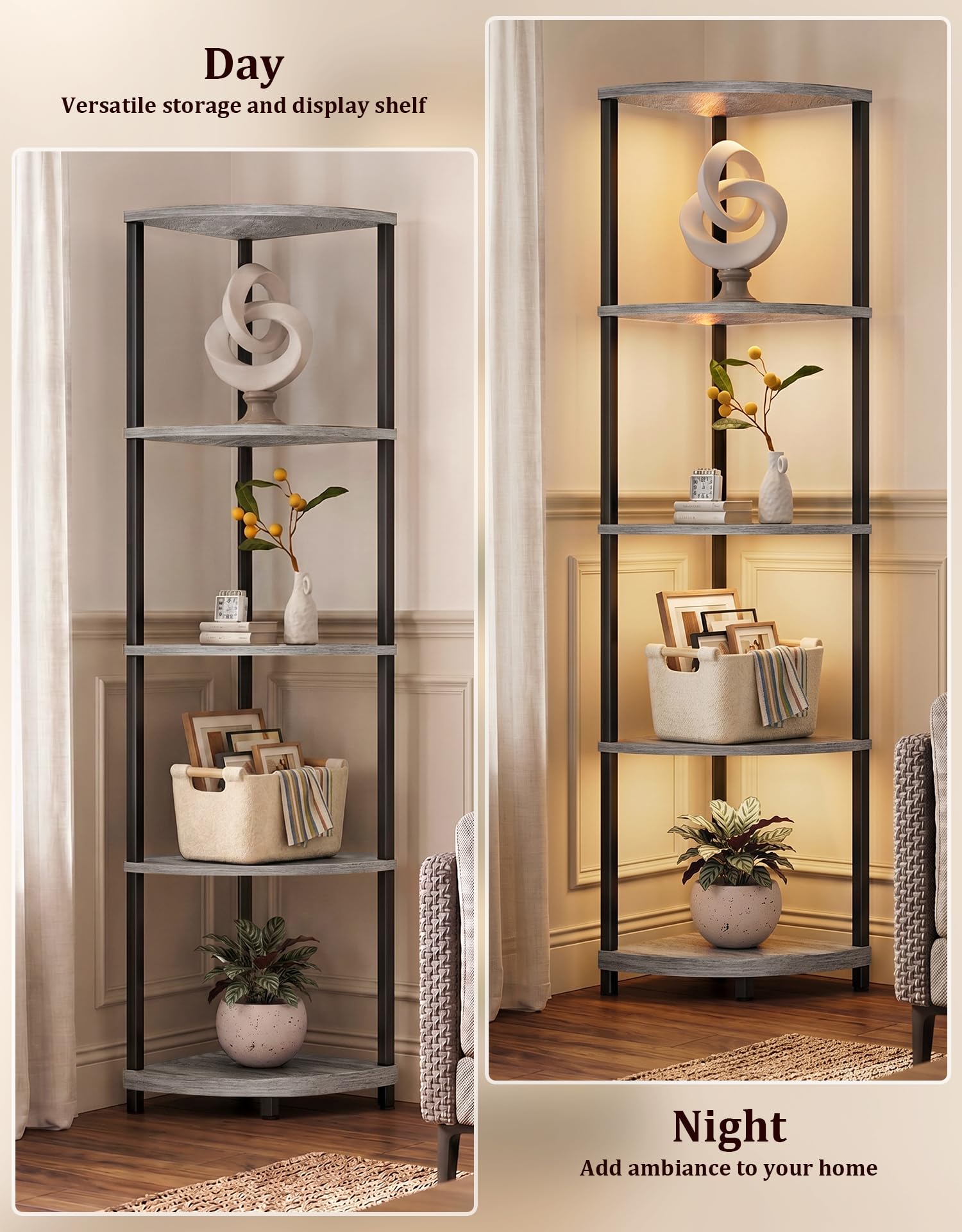 Corner Shelf with RGBCW LED Light, 64.5” Tall Floor Lamp Narrow Bookshelf Organizer, Standing Shelves with Metal Pole, Display Storage Rack for Wall Corner, Living Room, Bedroom, Office Décor, Black