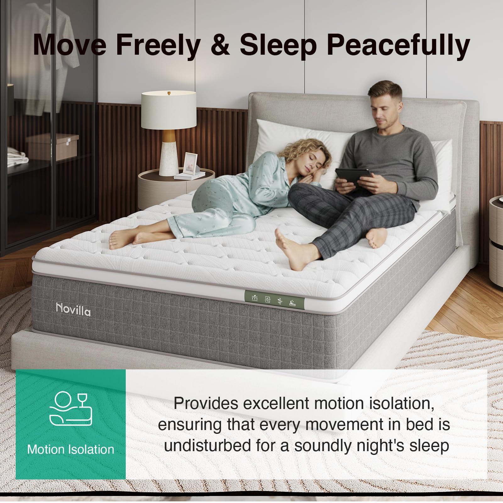 Novilla 14 Inch Queen Size Mattress,Hybrid Queen Mattress with Gel Memory Foam, Cool-to-Touch Nylon Blend & Pocketed Coils for Adaptive Body Support & Motion Isolation CertiPUR-US Certified