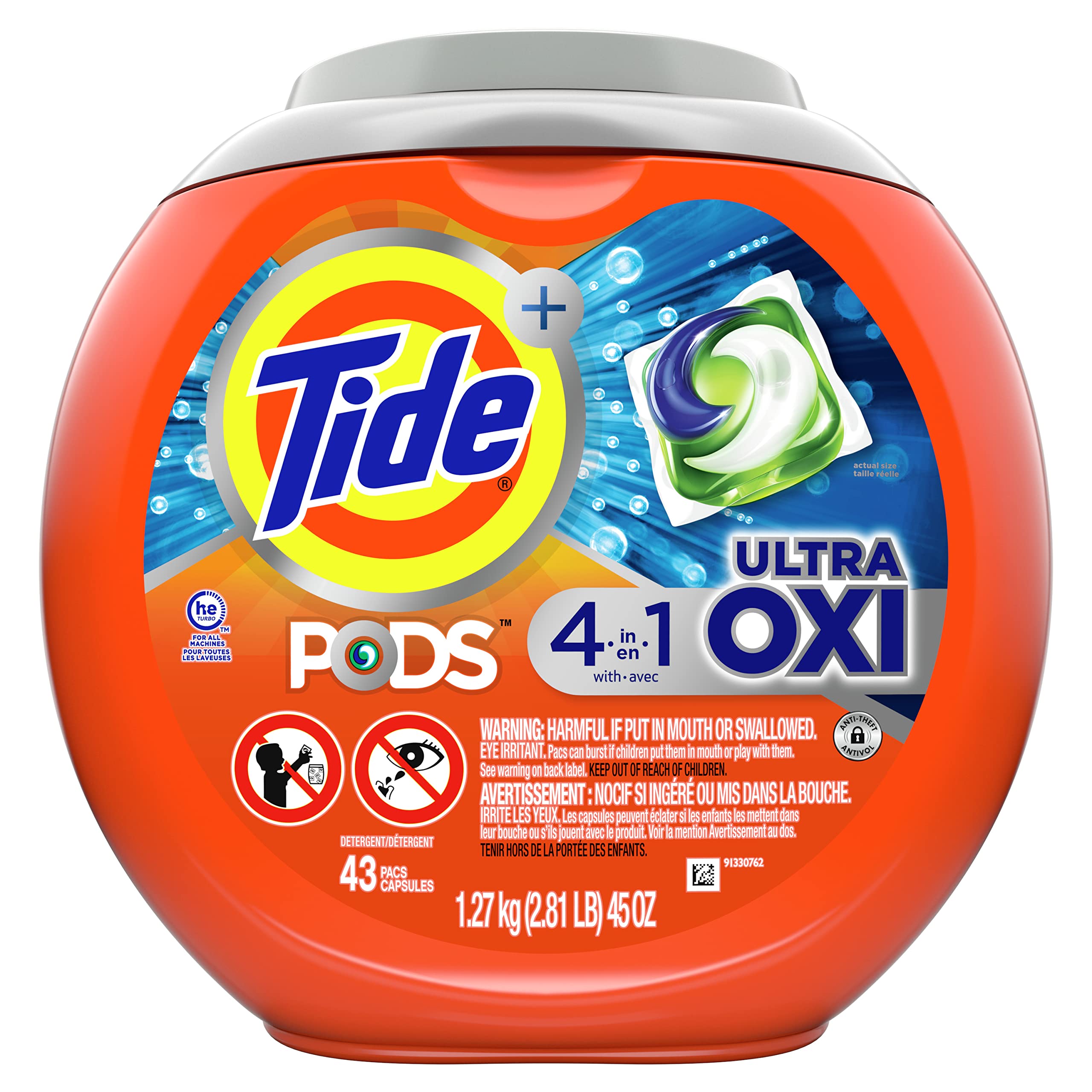Tide 4-in-1 Ultra Oxi PODS Laundry Detergent Pacs, 85 Count, HE Compatible, Built in Pre-treater for Stains