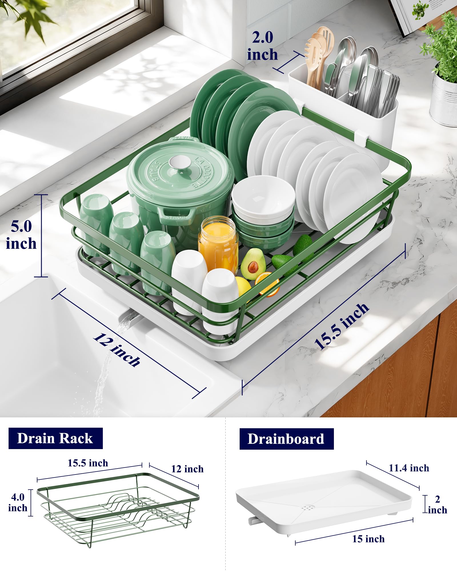 Kitsure Dish Drying Rack for Kitchen Counter, Stainless Steel Sink Organization and Storage Essentials with Cutlery Holder, Home and Appartment Decor, 12''W x 15.5''L, Black