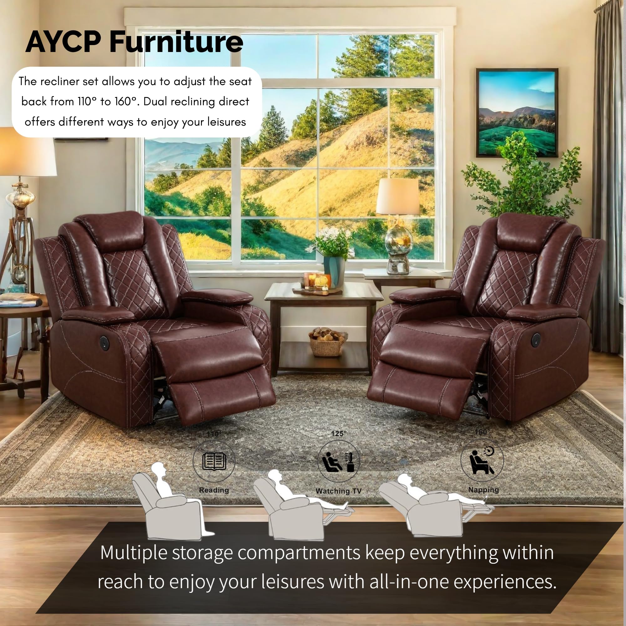 Power Recliner Set with LED Lights, Air Leather Reclining Set with USB Port/Wireless Charger/Storage Console/Cup Holder for House/HomeTheater/Apt (Black, Sofa Loveseat Chair)