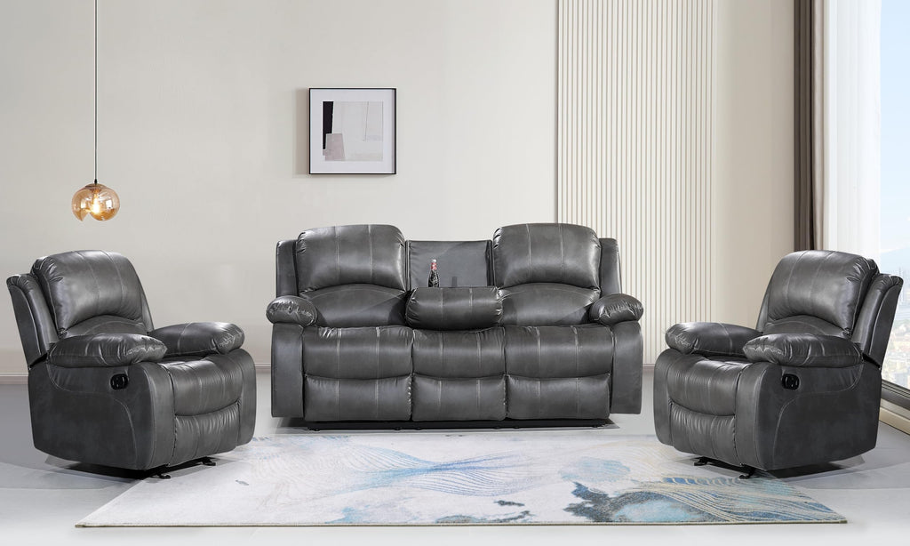 Betsy Furniture 3PC Faux Leather Reclining Couch Set, Living Room Furniture Set, Sofa, Loveseat, Glider, 8018 Multiple Colors (Gray, Sofa+Loveseat+Chair) | 8018