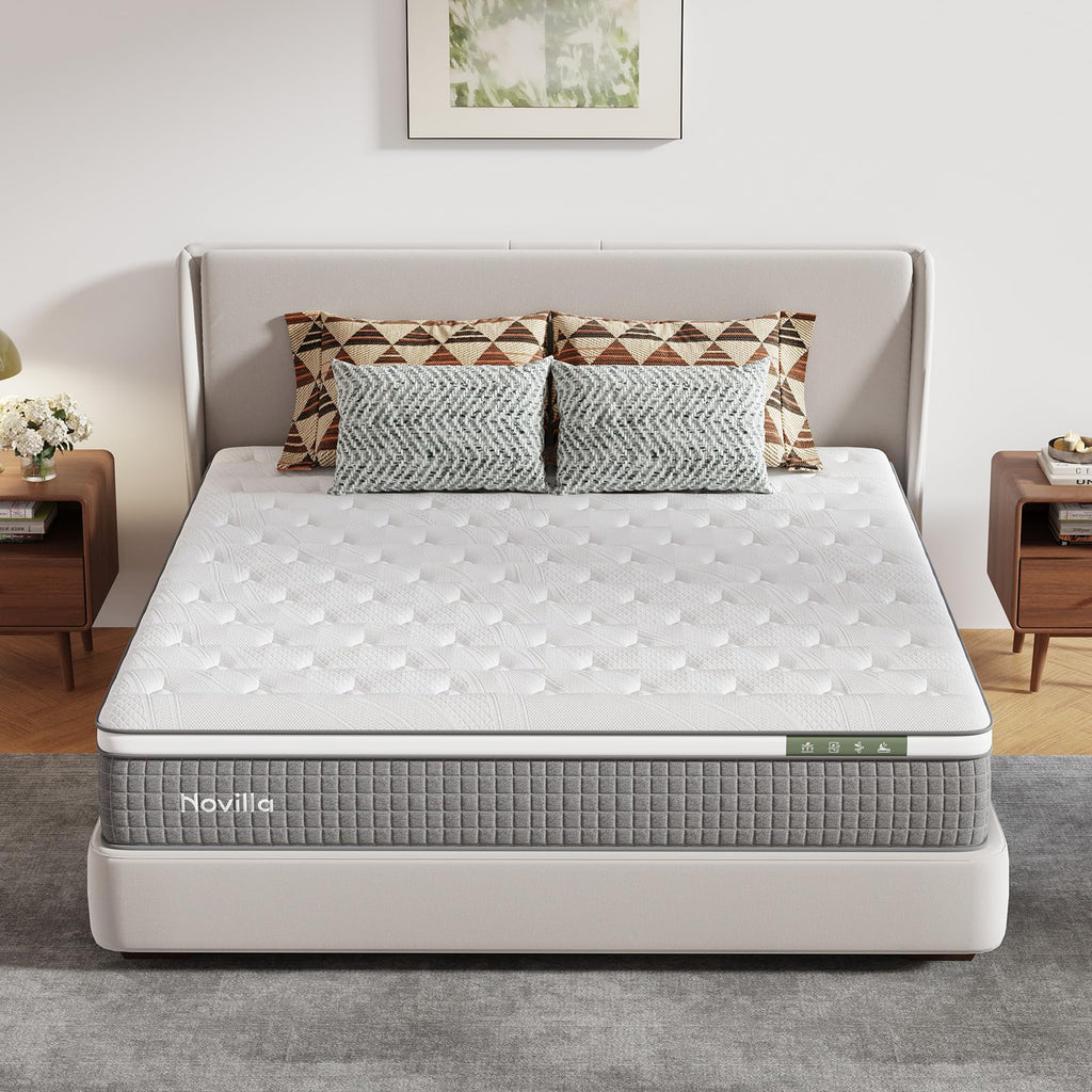 Novilla 14 Inch Queen Size Mattress,Hybrid Queen Mattress with Gel Memory Foam, Cool-to-Touch Nylon Blend & Pocketed Coils for Adaptive Body Support & Motion Isolation CertiPUR-US Certified