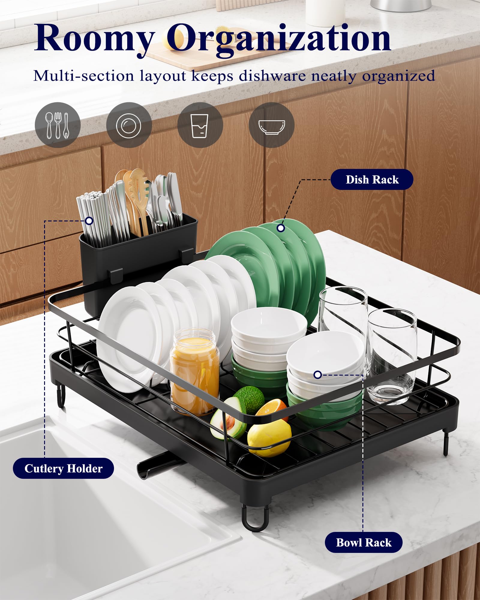 Kitsure Dish Drying Rack for Kitchen Counter, Stainless Steel Sink Organization and Storage Essentials with Cutlery Holder, Home and Appartment Decor, 12''W x 15.5''L, Black