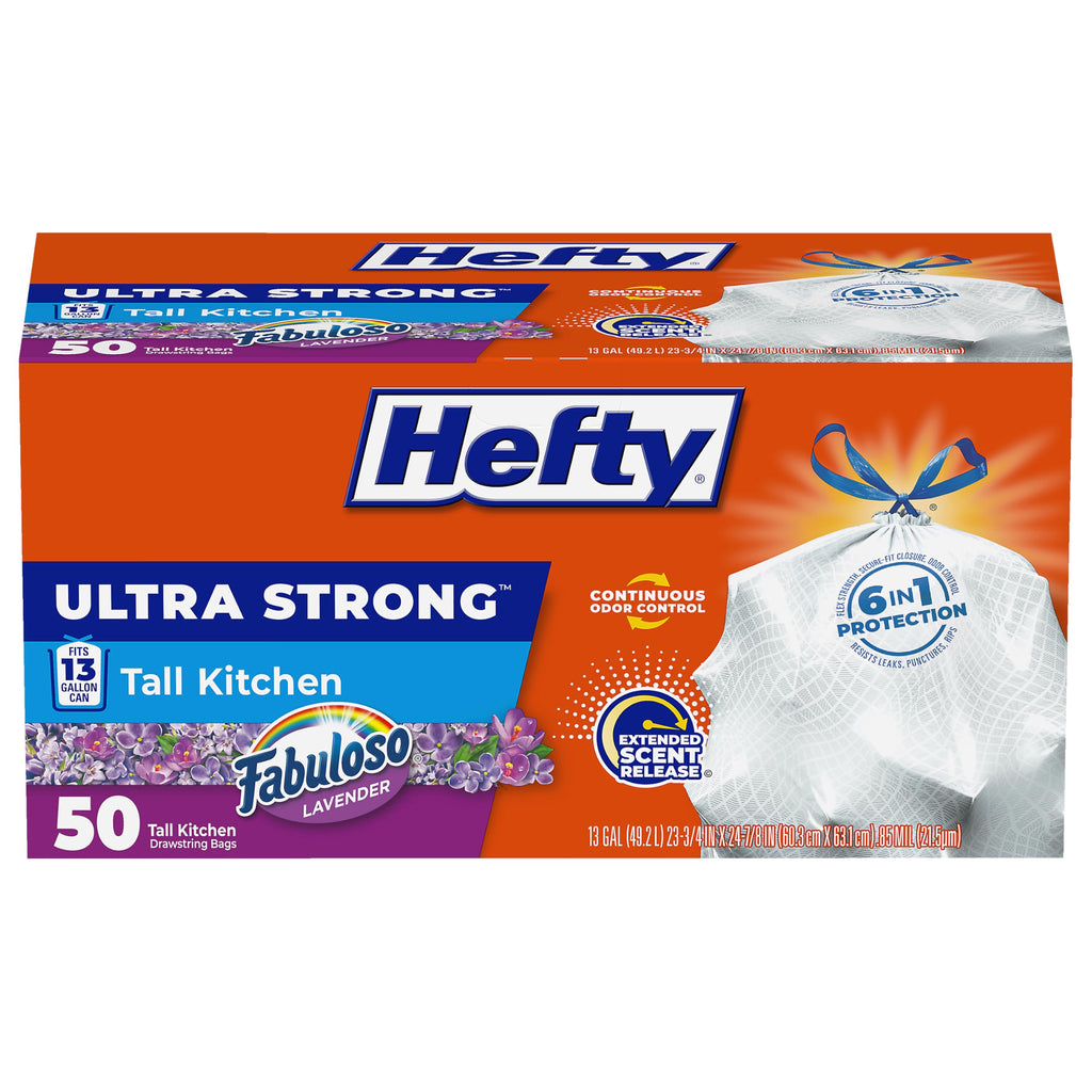 Hefty Ultra Strong 13 Gallon Trash Bags, Tall Kitchen, Drawstring Closure, Odor Control, White, Lavender, Sweet Vanilla, 80 Count