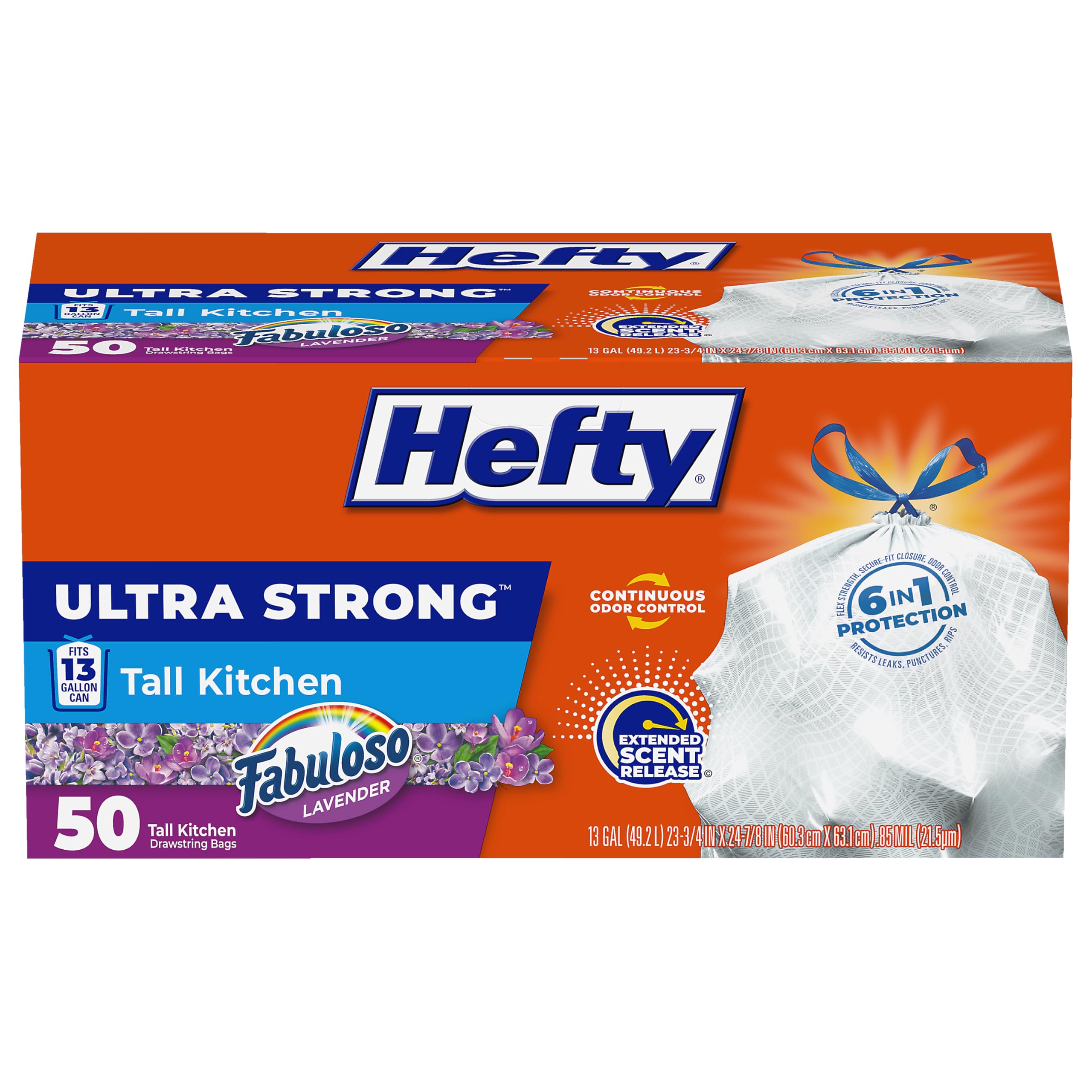 Hefty Ultra Strong 13 Gallon Trash Bags, Tall Kitchen, Drawstring Closure, Odor Control, White, Lavender, Sweet Vanilla, 80 Count