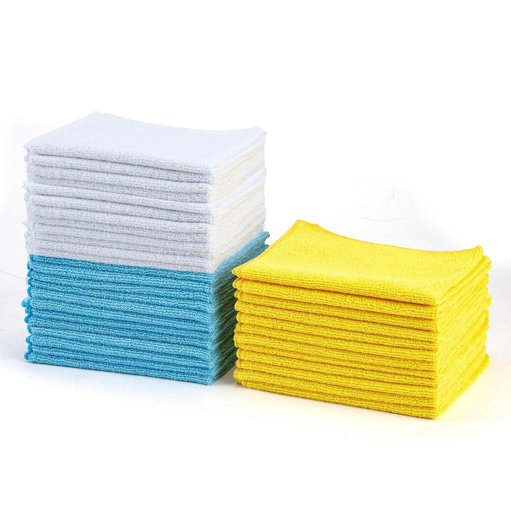 Amazon Basics Microfiber Cleaning Cloths, Ultra Absorbent, Lint Free, Streak Free, Non-Abrasive, Reusable and Washable, 16" x 12", Blue/White/Yellow, Pack of 24