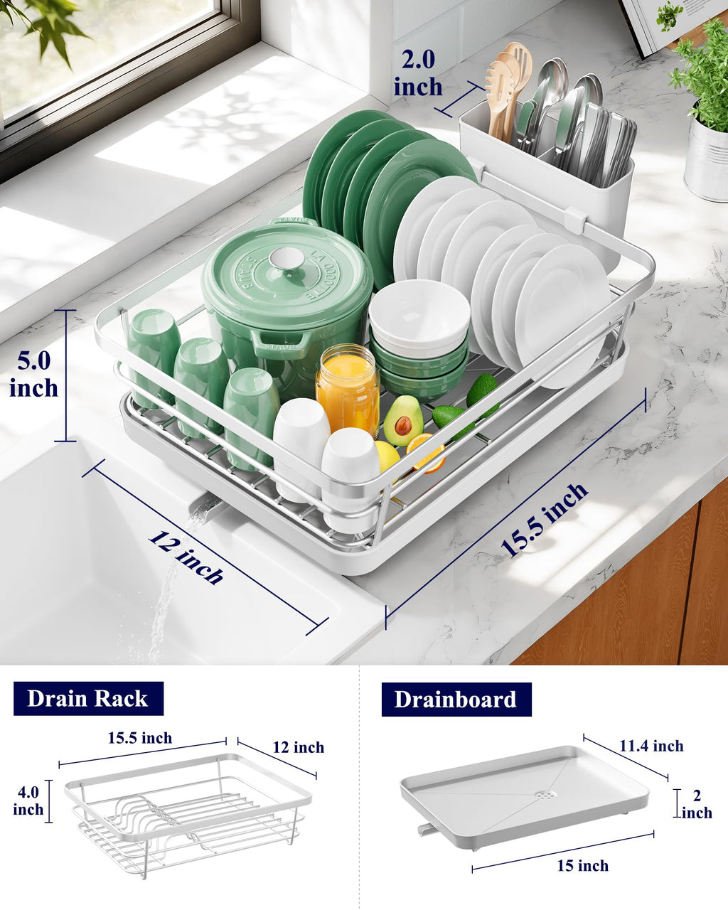 Kitsure Dish Drying Rack for Kitchen Counter, Stainless Steel Sink Organization and Storage Essentials with Cutlery Holder, Home and Appartment Decor, 12''W x 15.5''L, Black