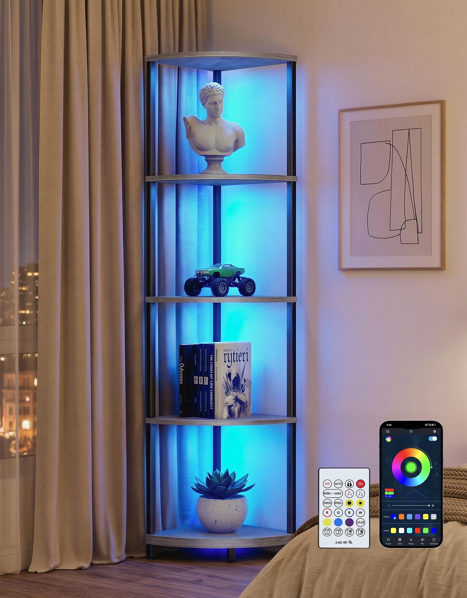 Corner Shelf with RGBCW LED Light, 64.5” Tall Floor Lamp Narrow Bookshelf Organizer, Standing Shelves with Metal Pole, Display Storage Rack for Wall Corner, Living Room, Bedroom, Office Décor, Black