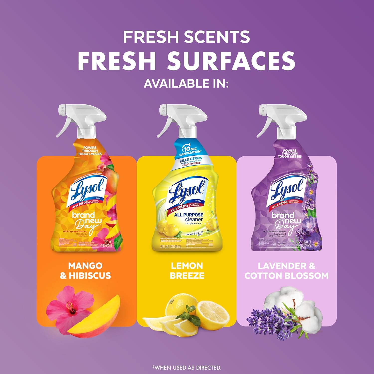Lysol All Purpose Cleaner Spray, Multi-Purpose Disinfecting Spray, Kitchen & Bathroom Cleaner, Lemon Breeze, Lavender, & Mango Scents, 32oz (Pack of 4)