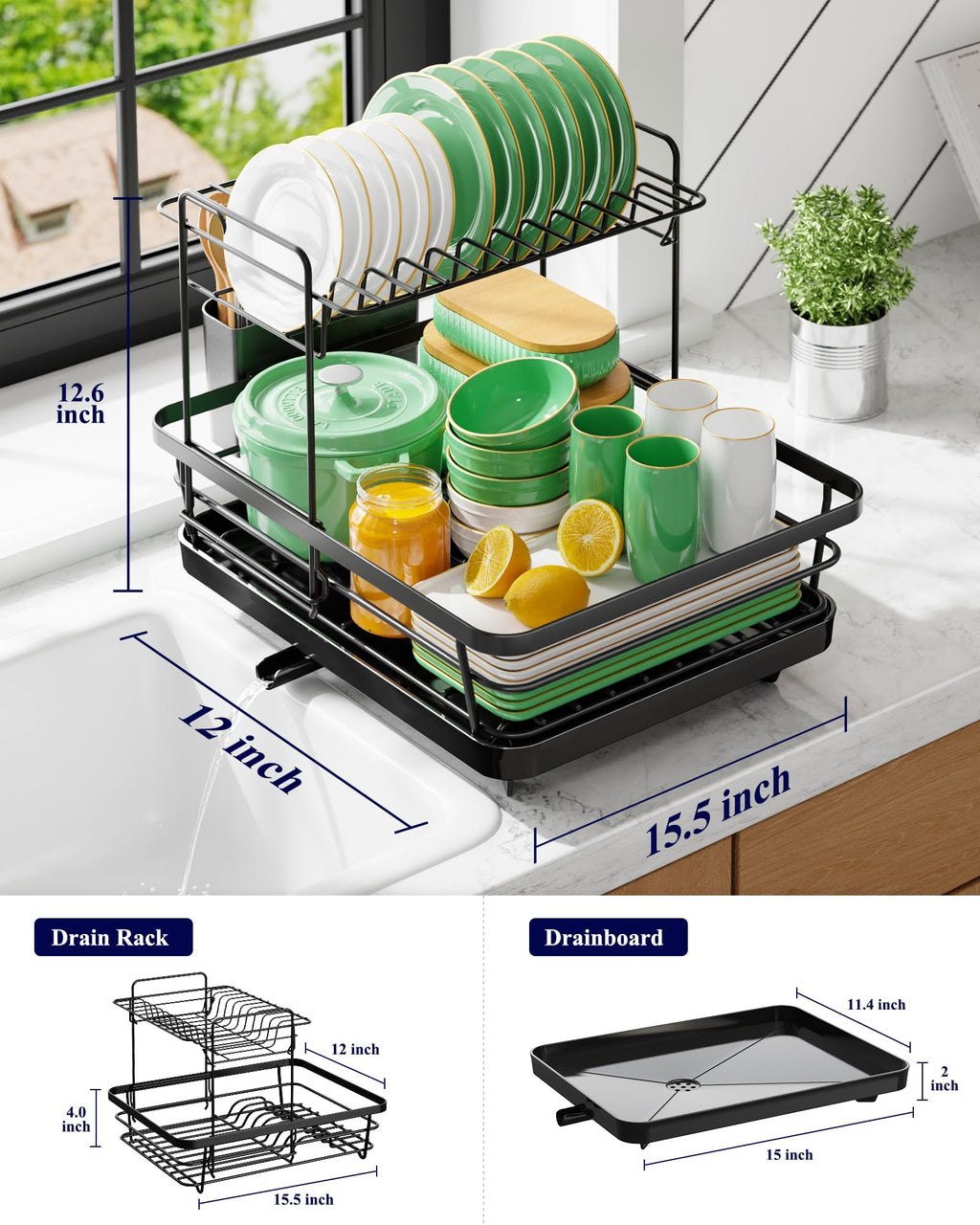 Kitsure Dish Drying Rack for Kitchen Counter, Stainless Steel Sink Organization and Storage Essentials with Cutlery Holder, Home and Appartment Decor, 12''W x 15.5''L, Black