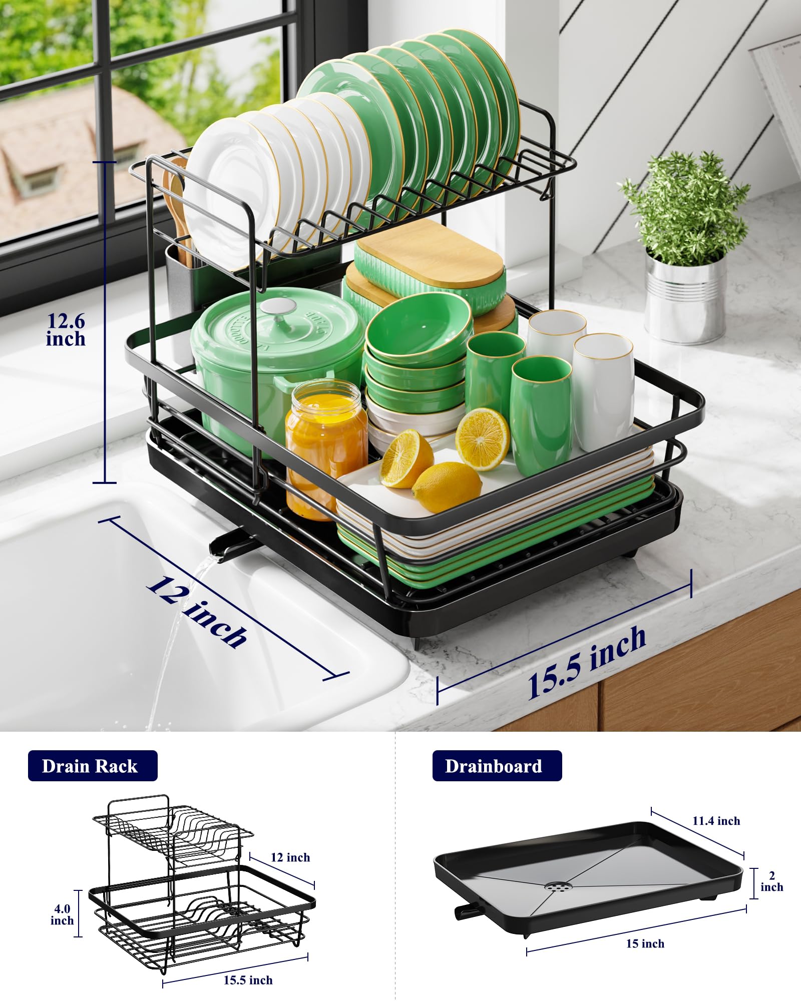 Kitsure Dish Drying Rack for Kitchen Counter, Stainless Steel Sink Organization and Storage Essentials with Cutlery Holder, Home and Appartment Decor, 12''W x 15.5''L, Black