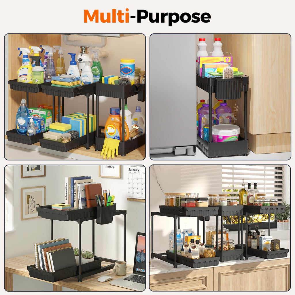 Sevenblue 3 Pack Under Sink Organizers,2-Tier Multi-Use Kitchen and Bathroom Organizers and Storage with Sliding Drawers,Bathroom Cabinet Organizer (Black, 12.8 Inch)