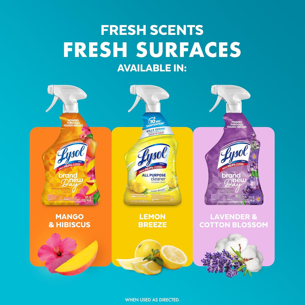 Lysol All Purpose Cleaner Spray, Multi-Purpose Disinfecting Spray, Kitchen & Bathroom Cleaner, Lemon Breeze, Lavender, & Mango Scents, 32oz (Pack of 4)