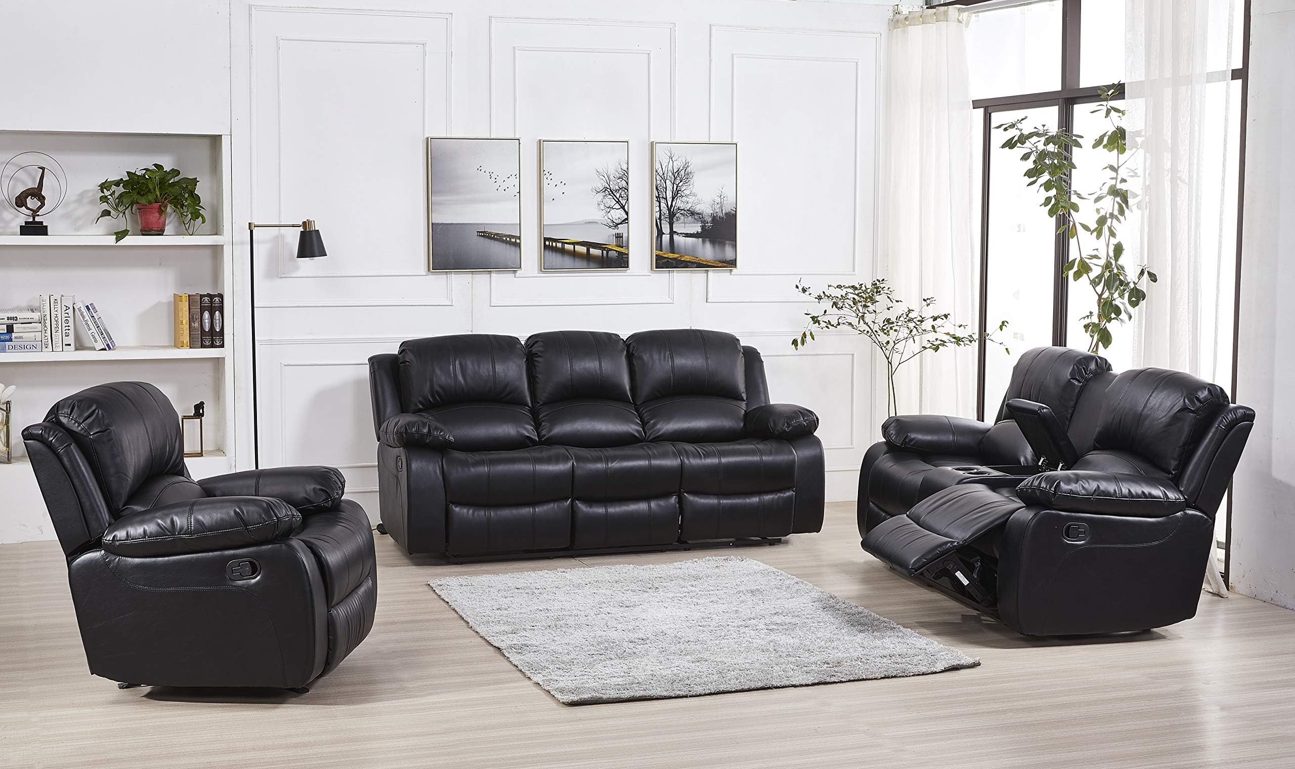 Betsy Furniture 3PC Faux Leather Reclining Couch Set, Living Room Furniture Set, Sofa, Loveseat, Glider, 8018 Multiple Colors (Gray, Sofa+Loveseat+Chair) | 8018