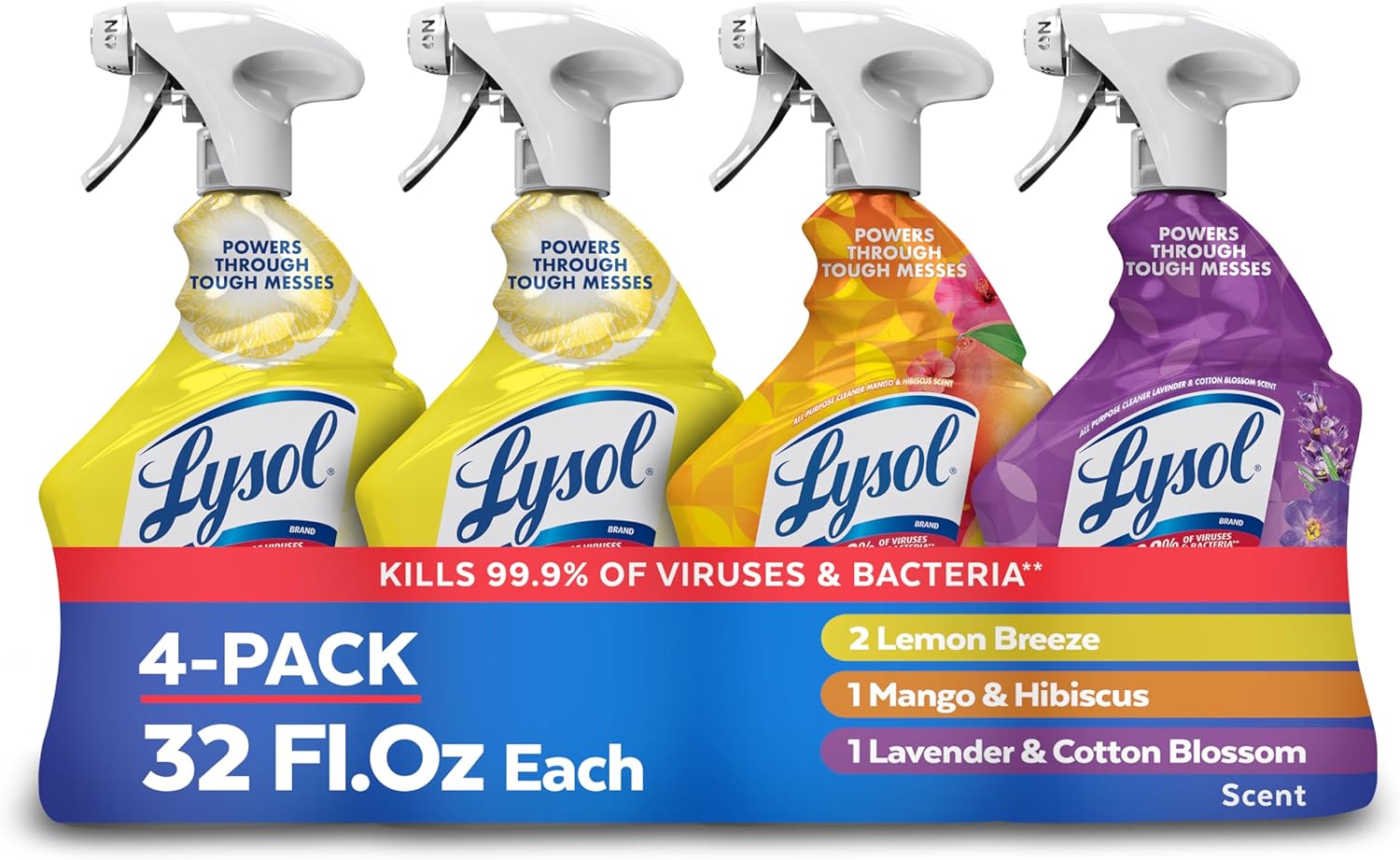 Lysol All Purpose Cleaner Spray, Multi-Purpose Disinfecting Spray, Kitchen & Bathroom Cleaner, Lemon Breeze, Lavender, & Mango Scents, 32oz (Pack of 4)