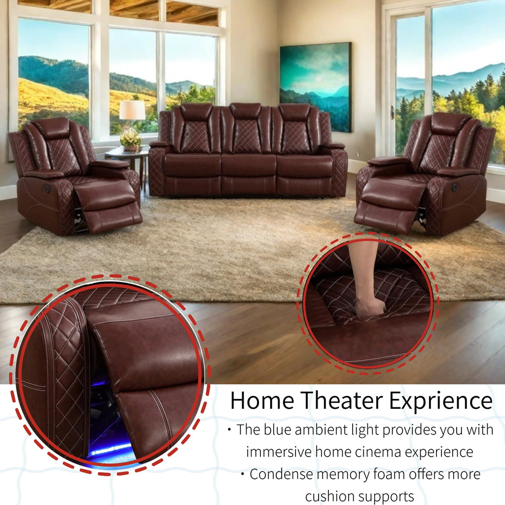 Power Recliner Set with LED Lights, Air Leather Reclining Set with USB Port/Wireless Charger/Storage Console/Cup Holder for House/HomeTheater/Apt (Black, Sofa Loveseat Chair)