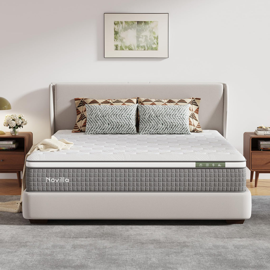 Novilla 14 Inch Queen Size Mattress,Hybrid Queen Mattress with Gel Memory Foam, Cool-to-Touch Nylon Blend & Pocketed Coils for Adaptive Body Support & Motion Isolation CertiPUR-US Certified