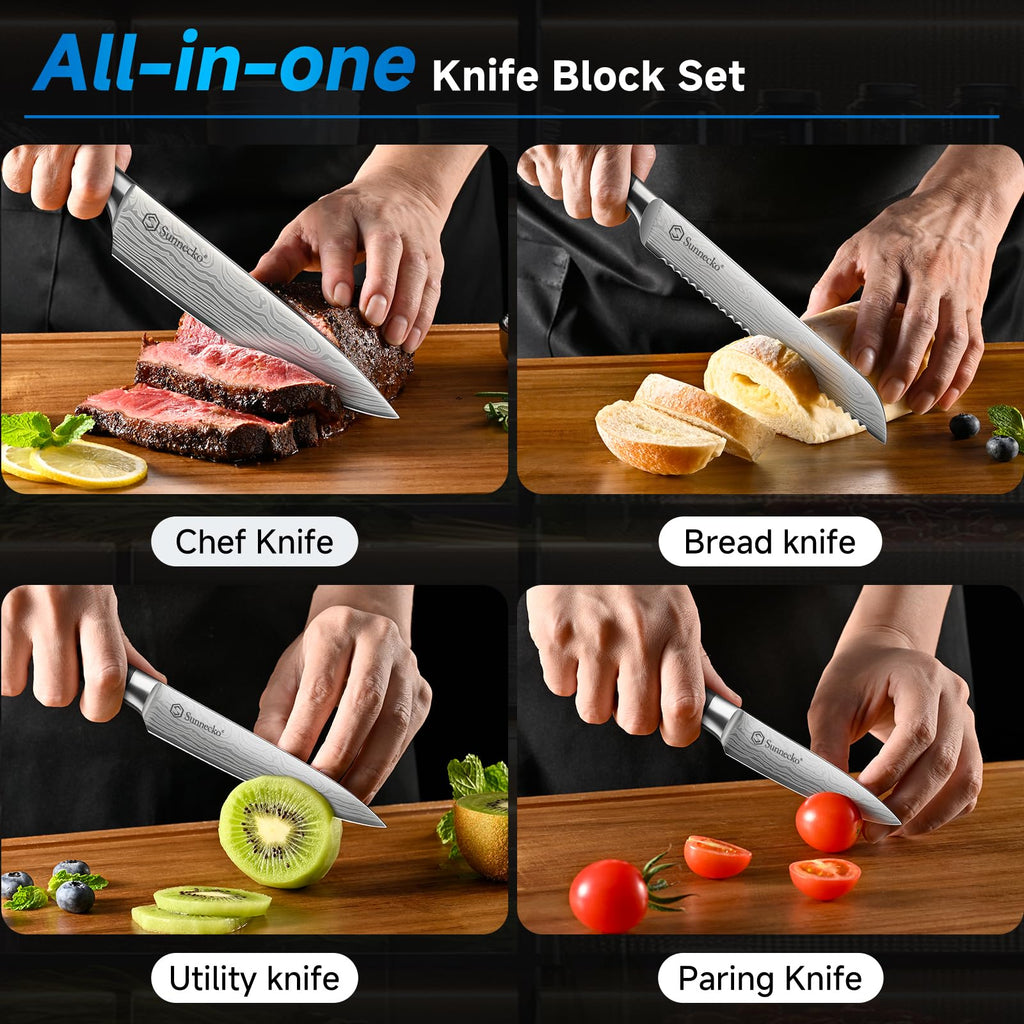 Sunnecko Knife Set with Block and Sharpener, 15 Piece Kitchen Knife Block Set Sharp Kitchen Knives High Carbon Stainless Steel with White Handles