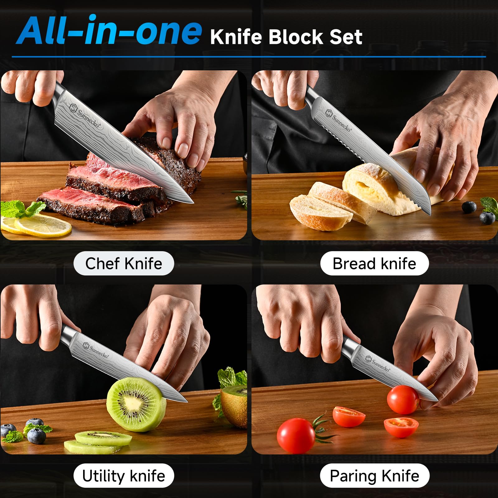 Sunnecko Knife Set with Block and Sharpener, 15 Piece Kitchen Knife Block Set Sharp Kitchen Knives High Carbon Stainless Steel with White Handles