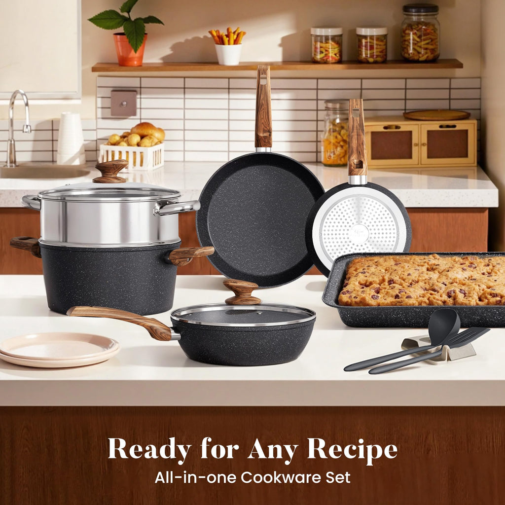Kitchen Induction Cookware & Bakeware Set - 30 Piece Black Granite Cooking Pans Set, Non-Stick Pots and Pans Set