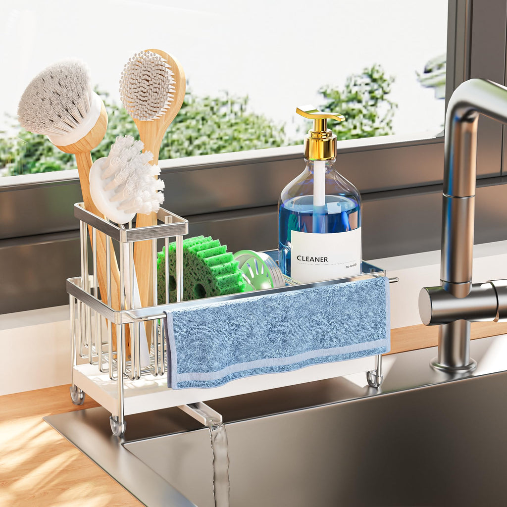 Cisily Sponge Holder for Kitchen Sink, Sink Caddy Organizer with High Brush Holder, Kitchen Countertop Organizers and Storage Essentials, Rustproof 304 Stainless Steel (Black, 9.25″)