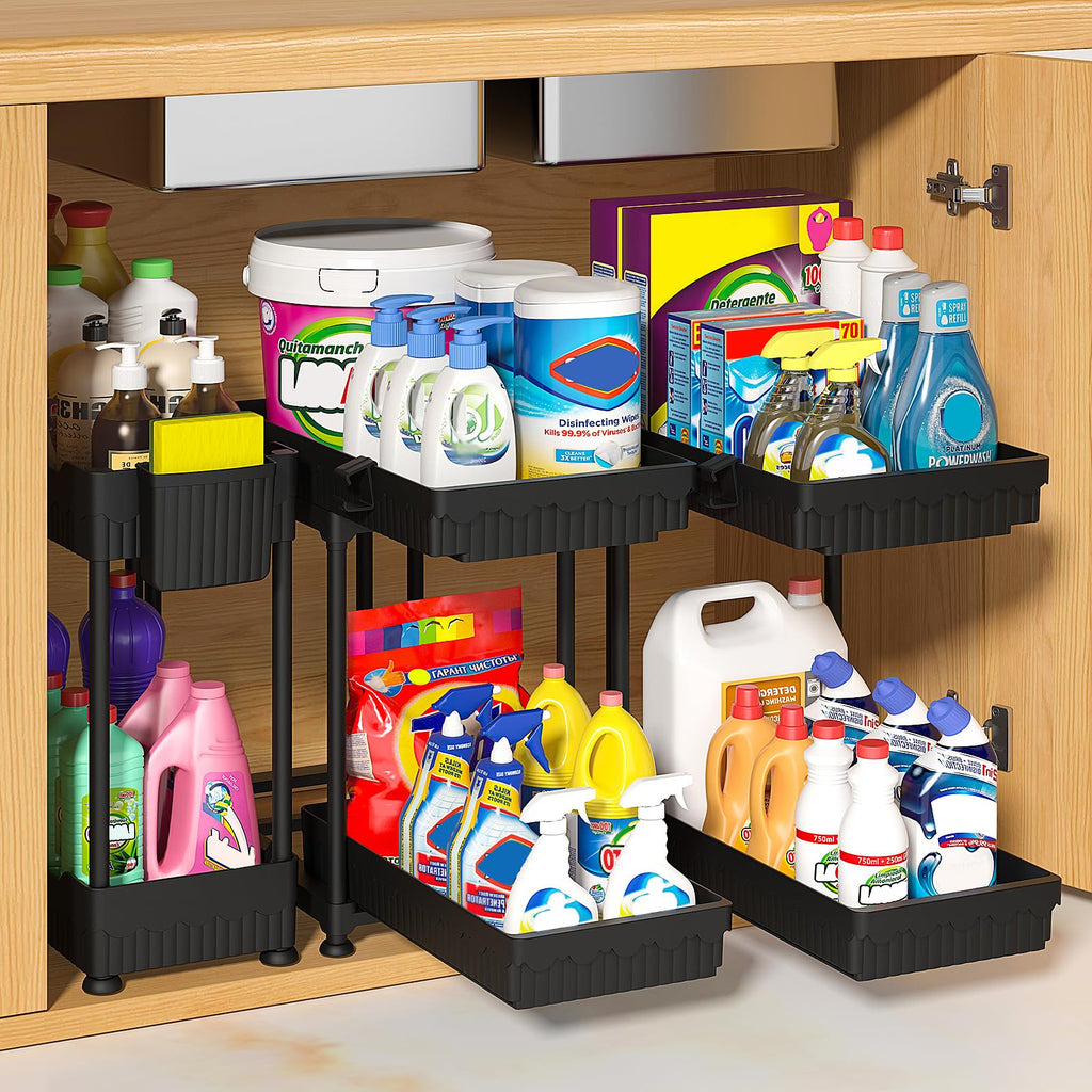 Sevenblue 3 Pack Under Sink Organizers,2-Tier Multi-Use Kitchen and Bathroom Organizers and Storage with Sliding Drawers,Bathroom Cabinet Organizer (Black, 12.8 Inch)