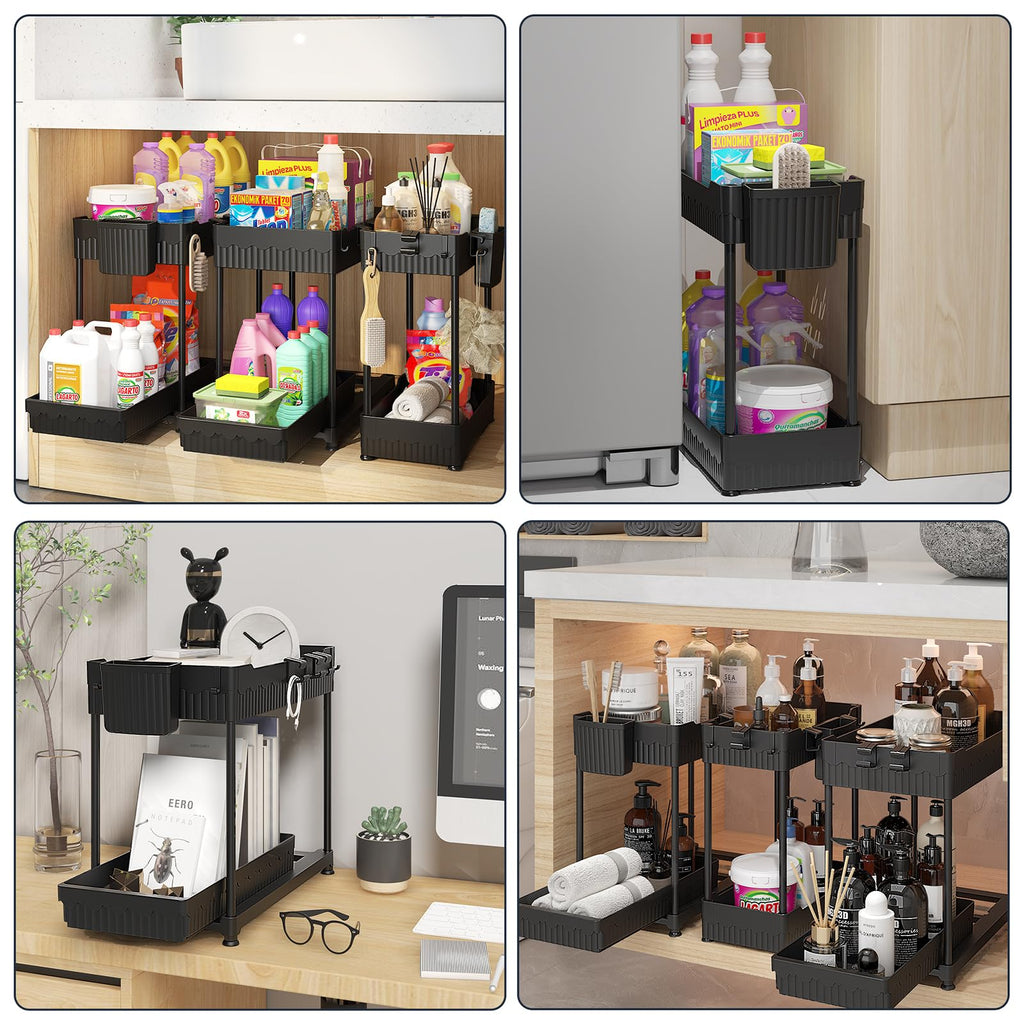 Sevenblue 3 Pack Under Sink Organizers,2-Tier Multi-Use Kitchen and Bathroom Organizers and Storage with Sliding Drawers,Bathroom Cabinet Organizer (Black, 12.8 Inch)