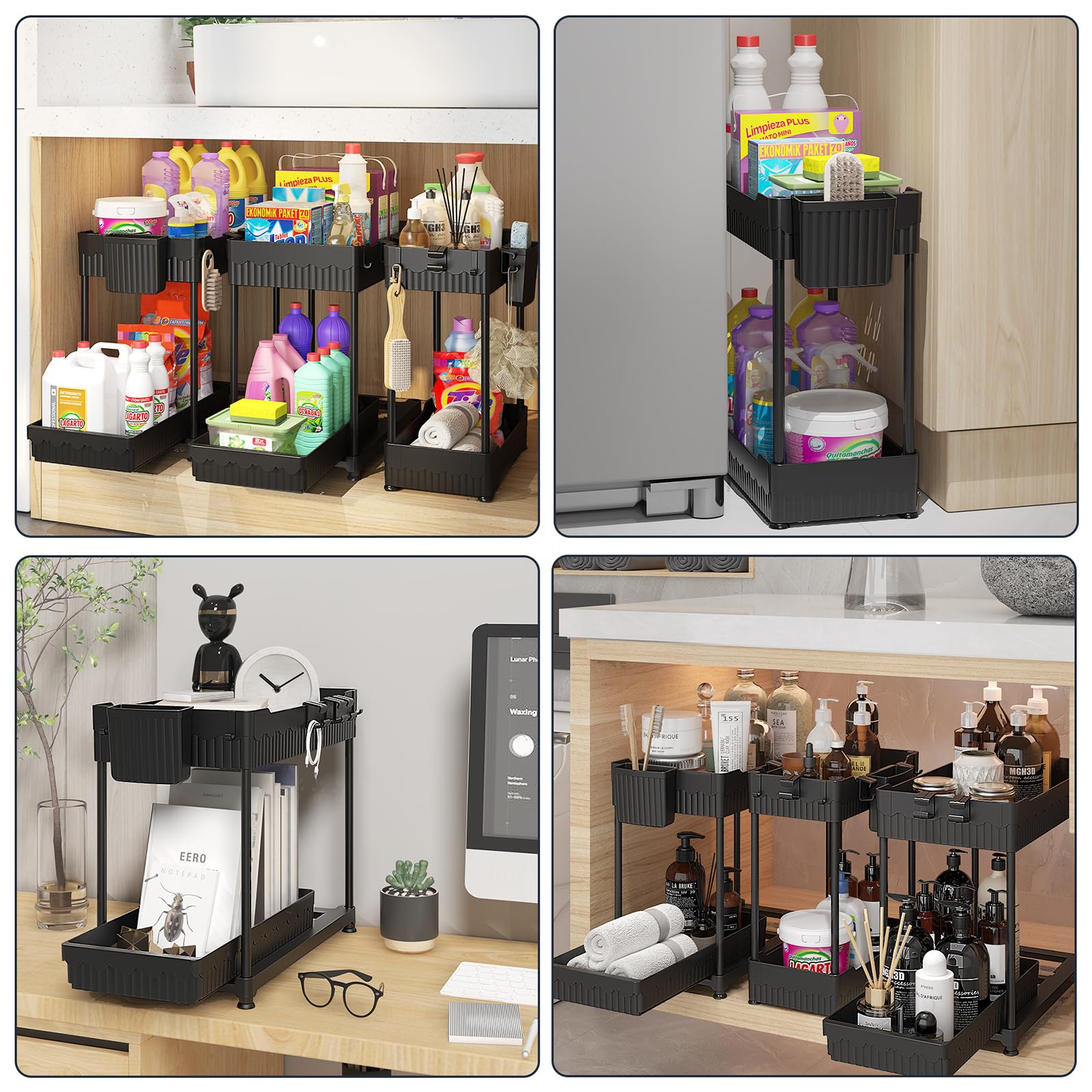 Sevenblue 3 Pack Under Sink Organizers,2-Tier Multi-Use Kitchen and Bathroom Organizers and Storage with Sliding Drawers,Bathroom Cabinet Organizer (Black, 12.8 Inch)