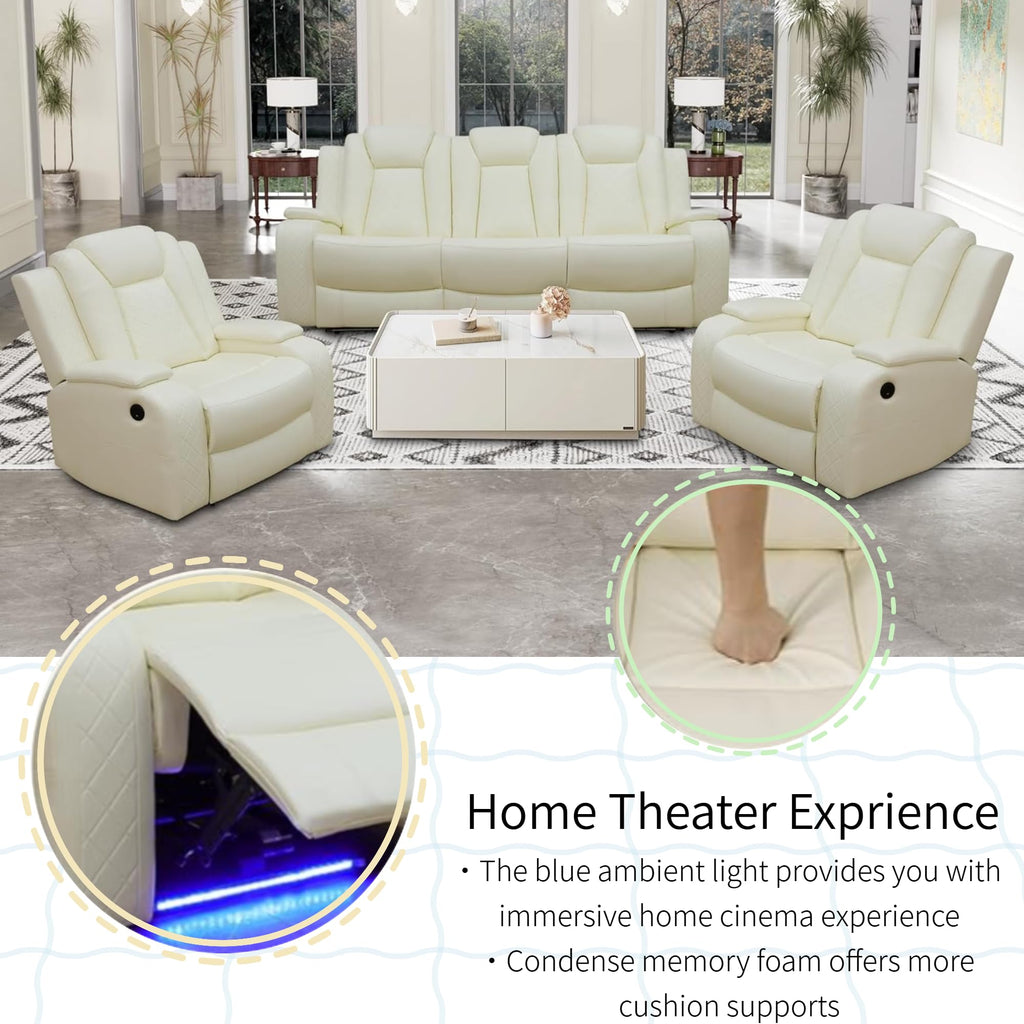 Power Recliner Set with LED Lights, Air Leather Reclining Set with USB Port/Wireless Charger/Storage Console/Cup Holder for House/HomeTheater/Apt (Black, Sofa Loveseat Chair)
