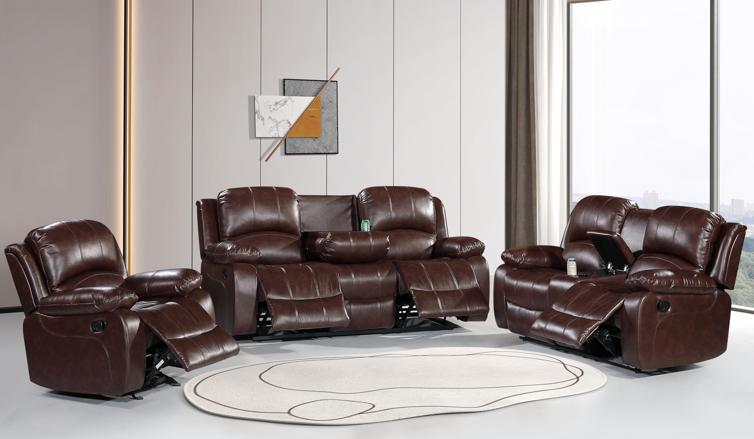Betsy Furniture 3PC Faux Leather Reclining Couch Set, Living Room Furniture Set, Sofa, Loveseat, Glider, 8018 Multiple Colors (Gray, Sofa+Loveseat+Chair) | 8018