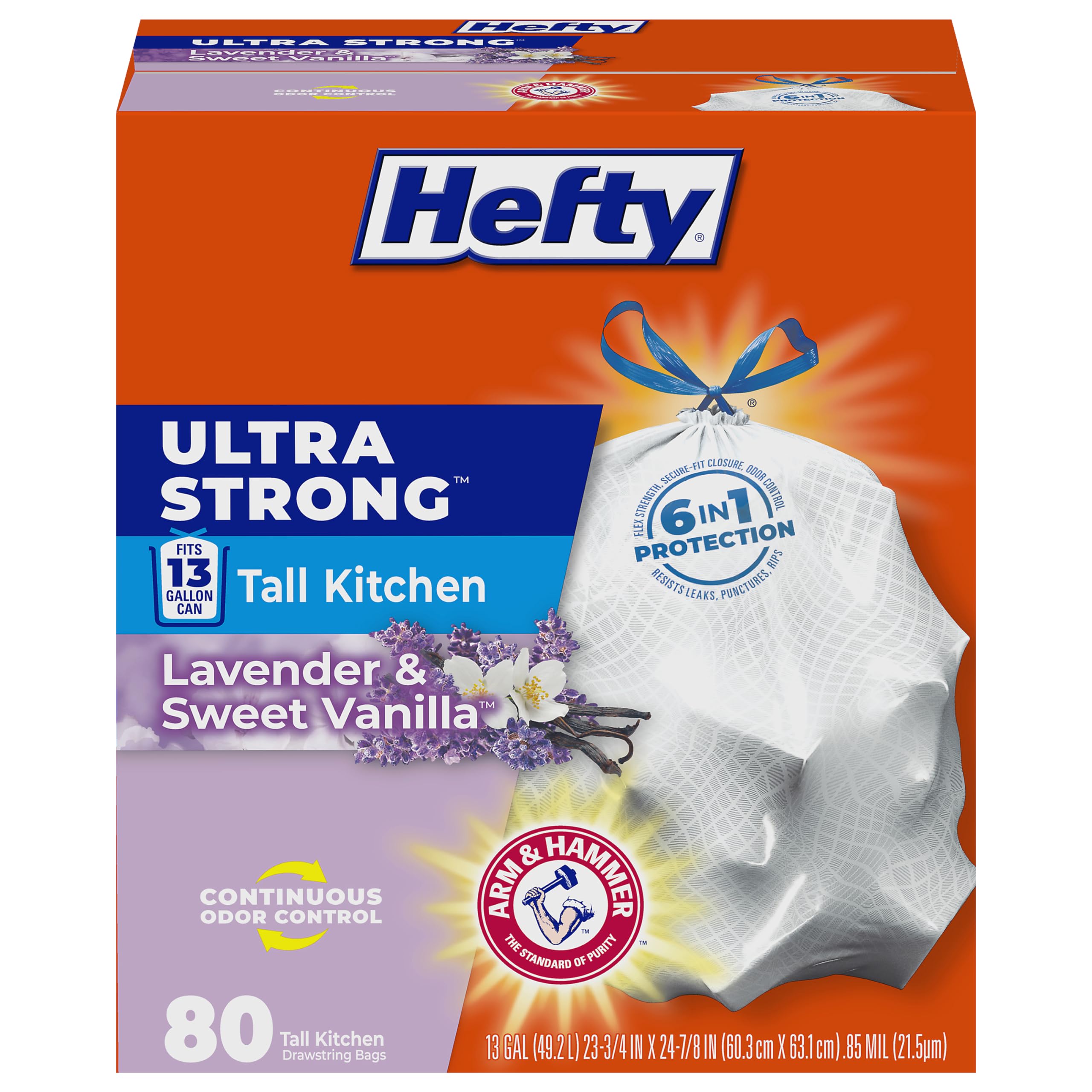 Hefty Ultra Strong 13 Gallon Trash Bags, Tall Kitchen, Drawstring Closure, Odor Control, White, Lavender, Sweet Vanilla, 80 Count
