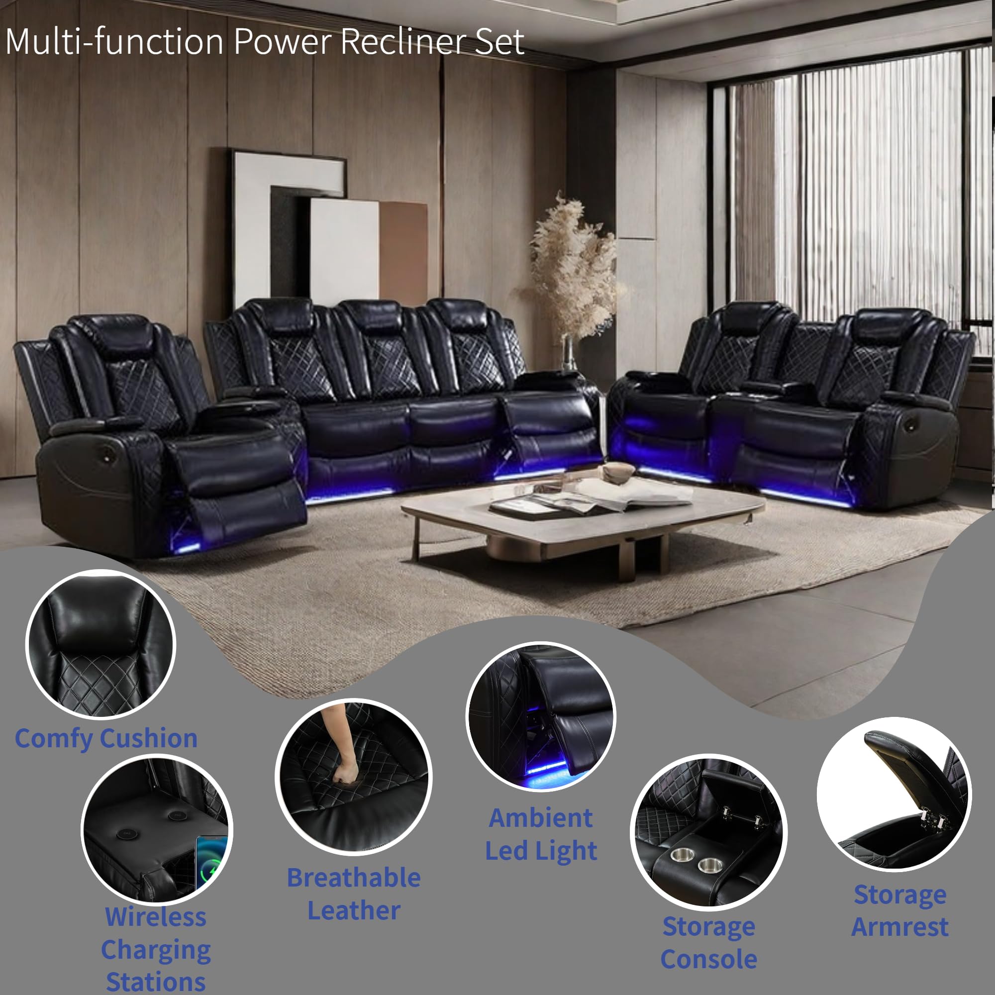 Power Recliner Set with LED Lights, Air Leather Reclining Set with USB Port/Wireless Charger/Storage Console/Cup Holder for House/HomeTheater/Apt (Black, Sofa Loveseat Chair)