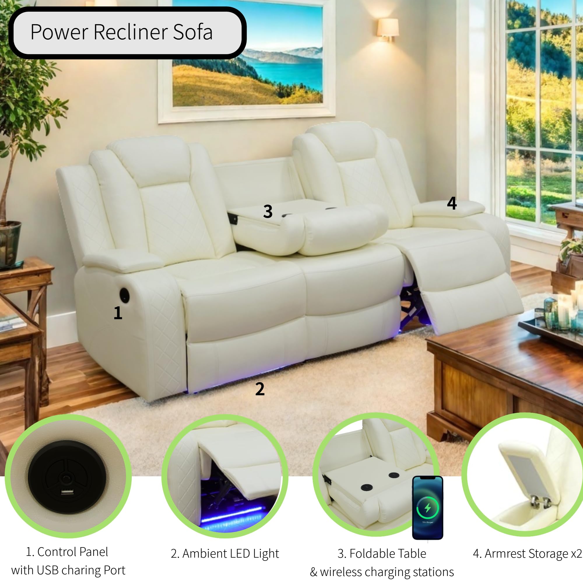 Power Recliner Set with LED Lights, Air Leather Reclining Set with USB Port/Wireless Charger/Storage Console/Cup Holder for House/HomeTheater/Apt (Black, Sofa Loveseat Chair)