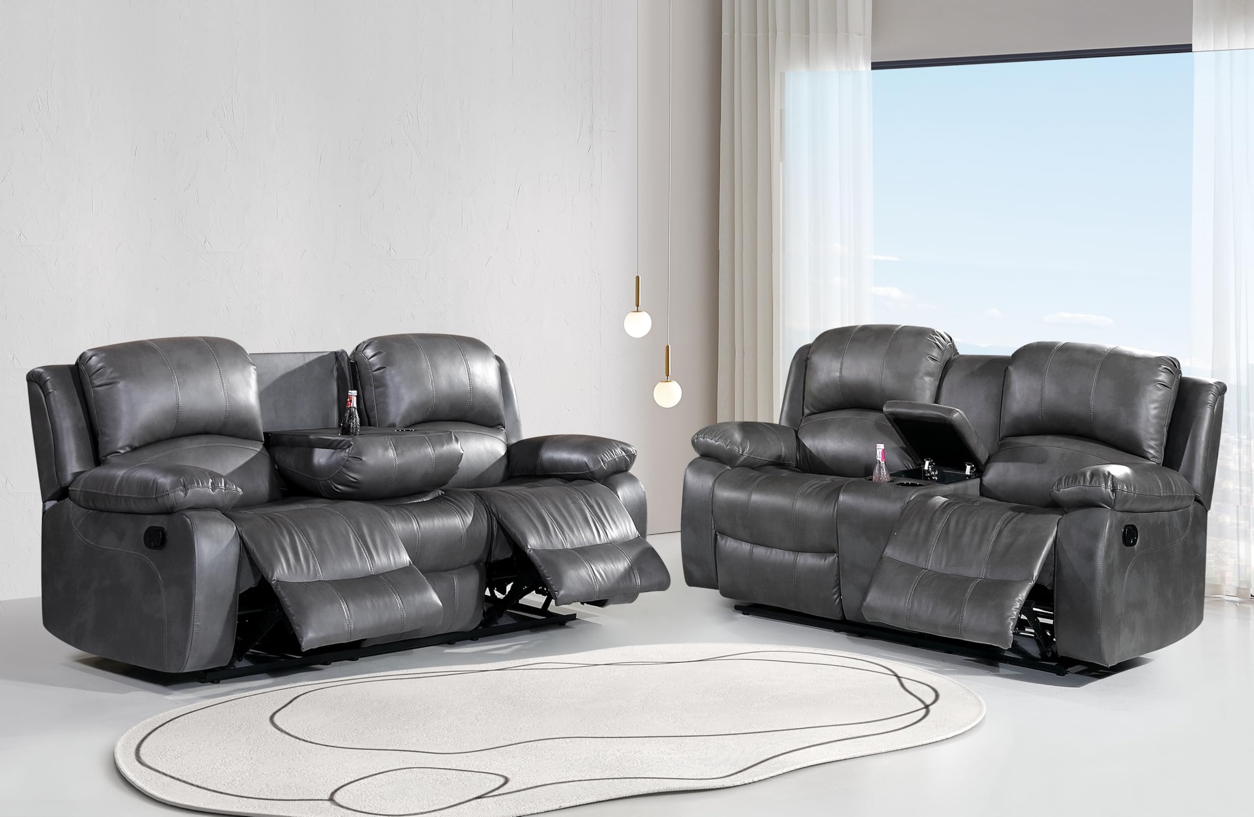 Betsy Furniture 3PC Faux Leather Reclining Couch Set, Living Room Furniture Set, Sofa, Loveseat, Glider, 8018 Multiple Colors (Gray, Sofa+Loveseat+Chair) | 8018