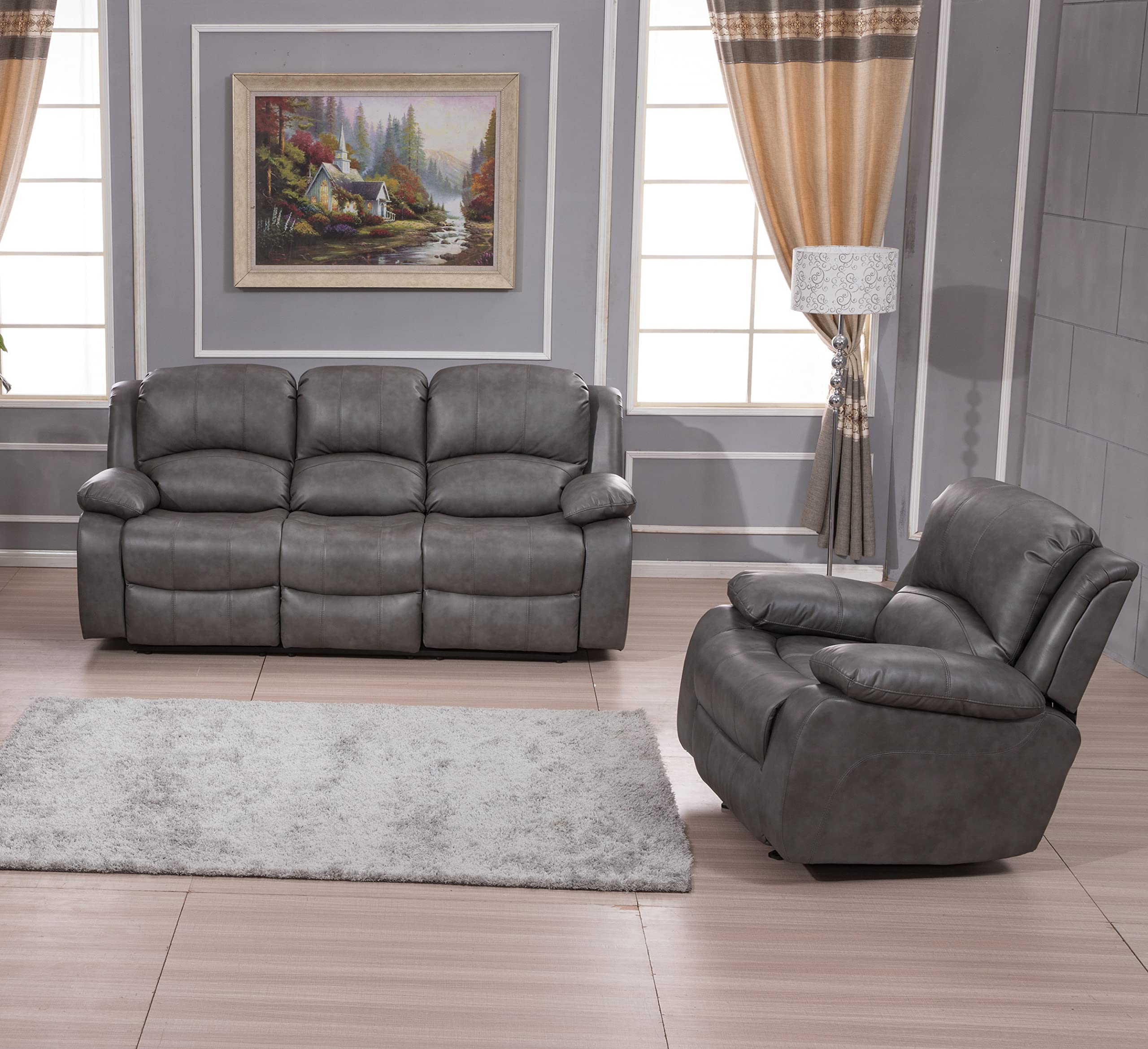 Betsy Furniture 3PC Faux Leather Reclining Couch Set, Living Room Furniture Set, Sofa, Loveseat, Glider, 8018 Multiple Colors (Gray, Sofa+Loveseat+Chair) | 8018