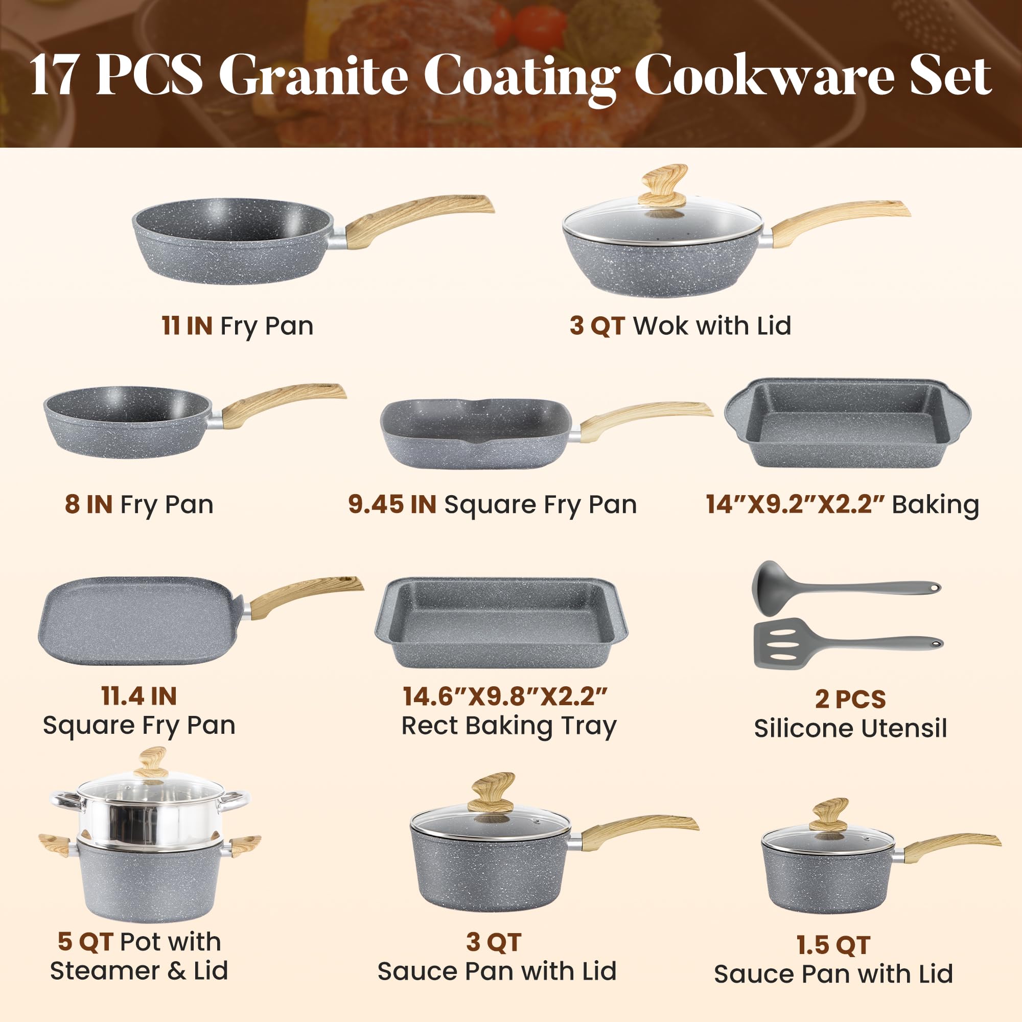 Kitchen Induction Cookware & Bakeware Set - 30 Piece Black Granite Cooking Pans Set, Non-Stick Pots and Pans Set