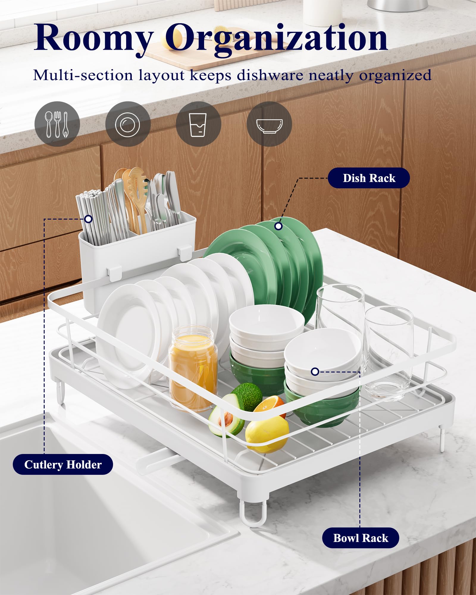 Kitsure Dish Drying Rack for Kitchen Counter, Stainless Steel Sink Organization and Storage Essentials with Cutlery Holder, Home and Appartment Decor, 12''W x 15.5''L, Black