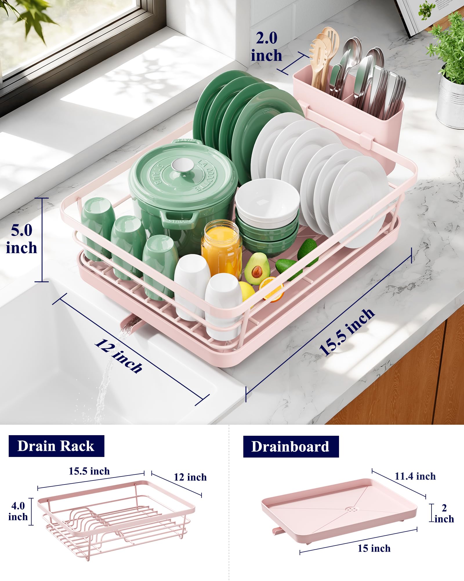 Kitsure Dish Drying Rack for Kitchen Counter, Stainless Steel Sink Organization and Storage Essentials with Cutlery Holder, Home and Appartment Decor, 12''W x 15.5''L, Black