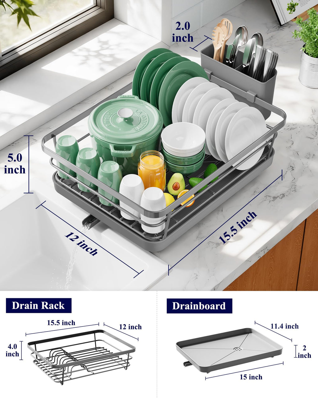 Kitsure Dish Drying Rack for Kitchen Counter, Stainless Steel Sink Organization and Storage Essentials with Cutlery Holder, Home and Appartment Decor, 12''W x 15.5''L, Black