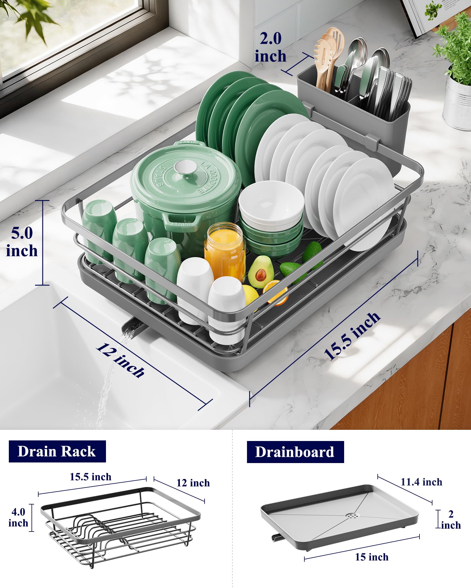 Kitsure Dish Drying Rack for Kitchen Counter, Stainless Steel Sink Organization and Storage Essentials with Cutlery Holder, Home and Appartment Decor, 12''W x 15.5''L, Black