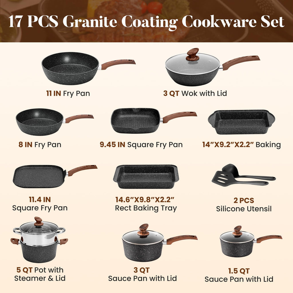 Kitchen Induction Cookware & Bakeware Set - 30 Piece Black Granite Cooking Pans Set, Non-Stick Pots and Pans Set