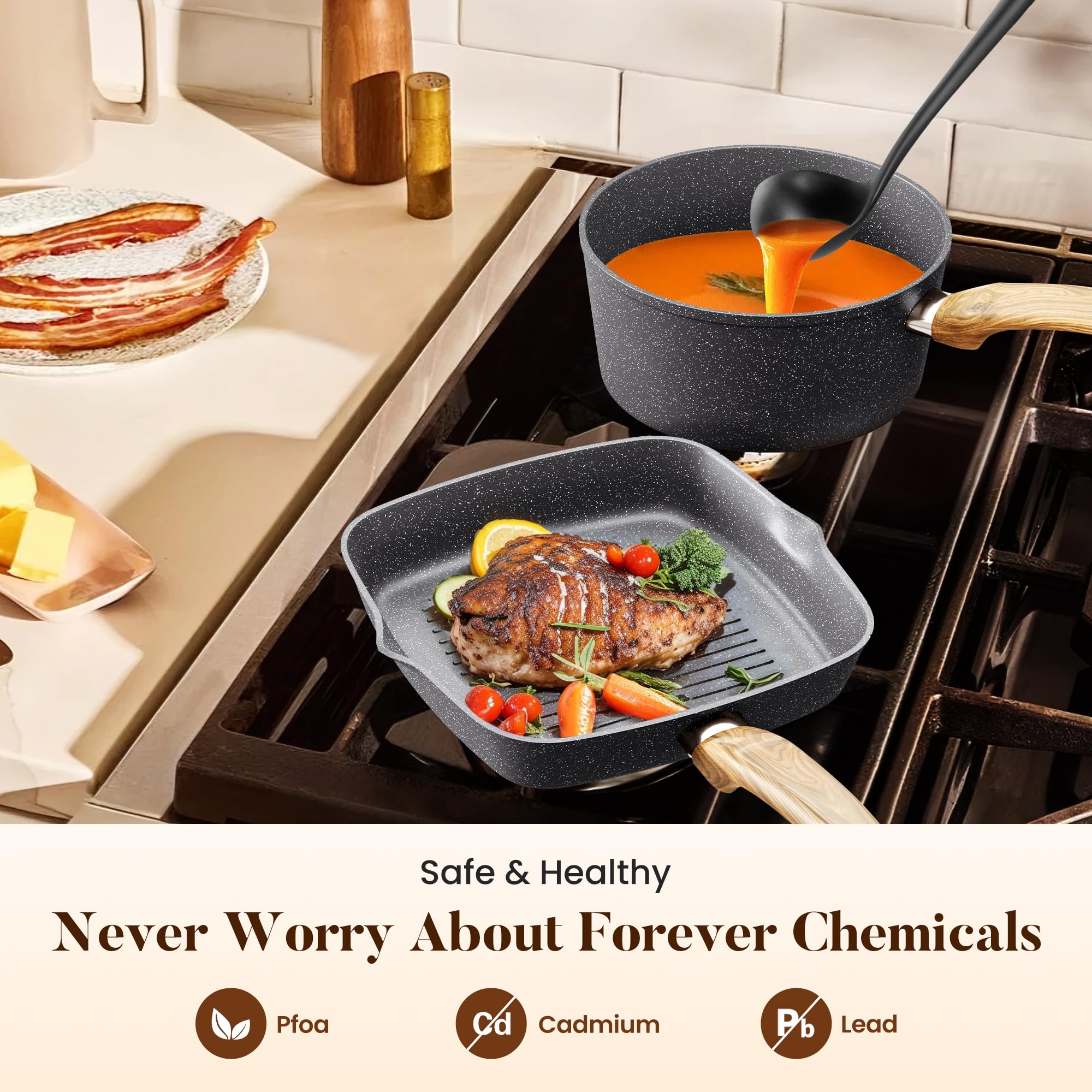 Kitchen Induction Cookware & Bakeware Set - 30 Piece Black Granite Cooking Pans Set, Non-Stick Pots and Pans Set