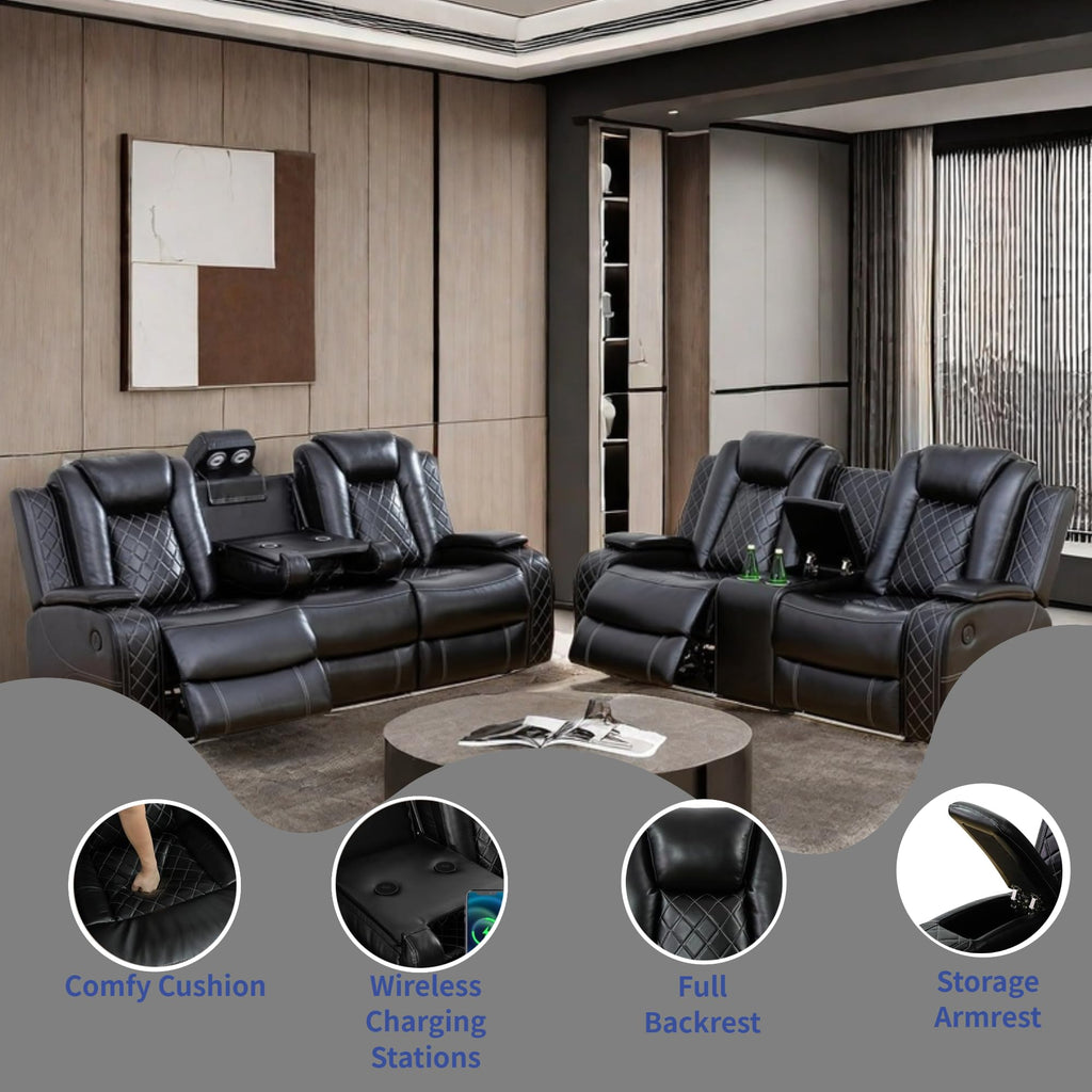 Power Recliner Set with LED Lights, Air Leather Reclining Set with USB Port/Wireless Charger/Storage Console/Cup Holder for House/HomeTheater/Apt (Black, Sofa Loveseat Chair)