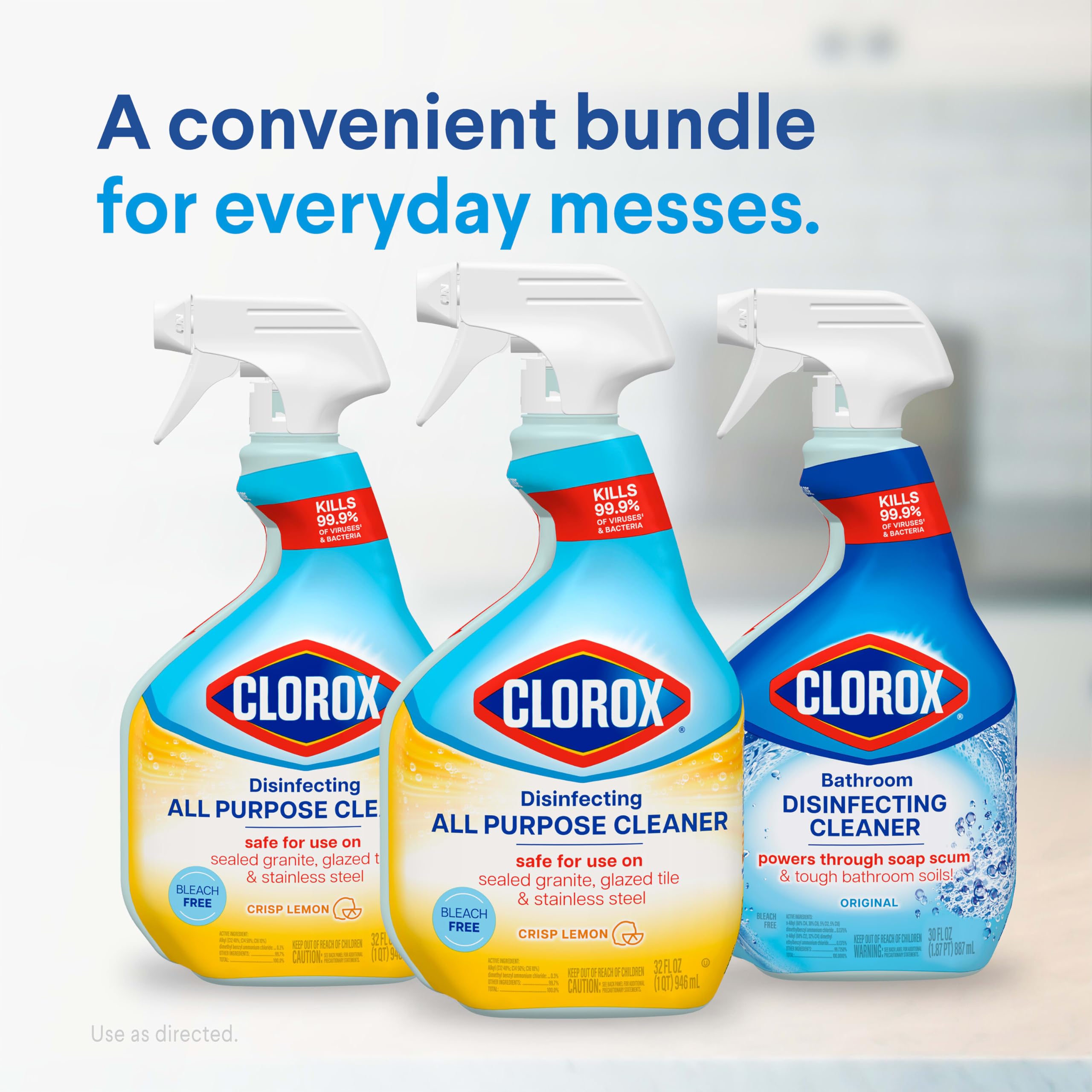 Clorox Disinfecting All-Purpose Cleaner 32 Oz and Bathroom Cleaner, Household Essentials, 30 Oz, Pack of 3